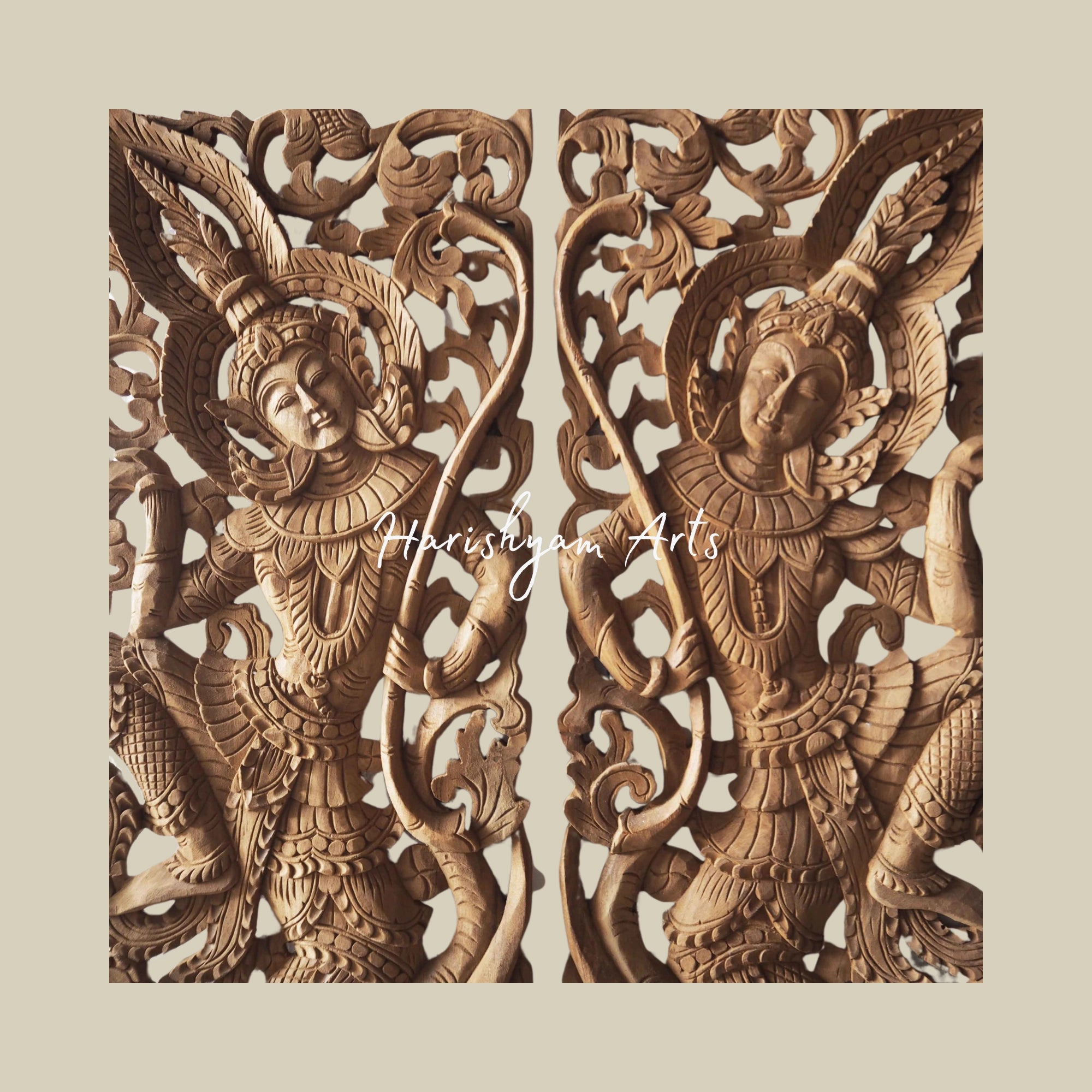 14" Pair of Handcrafted Wooden Wall Hangings of Thai Angels1