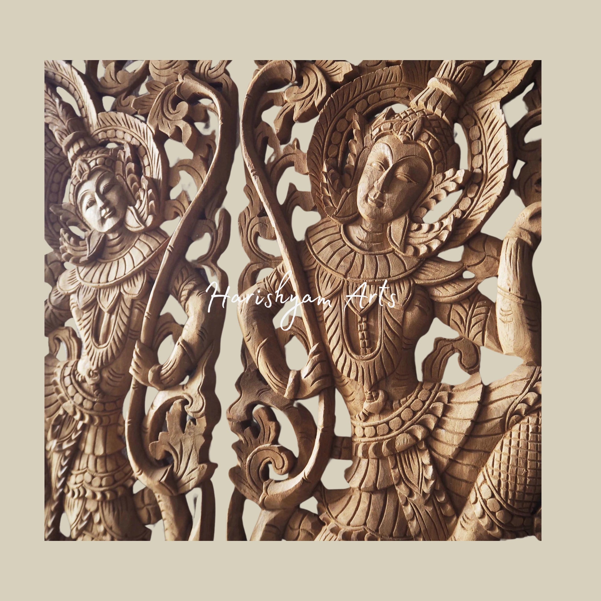 14" Pair of Handcrafted Wooden Wall Hangings of Thai Angels3