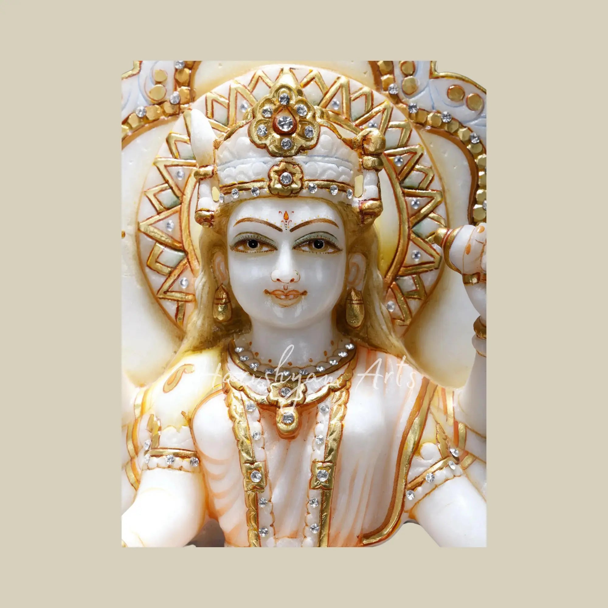 14" White Marble Deity of Eight Armed Durga Maa Seated on Throne