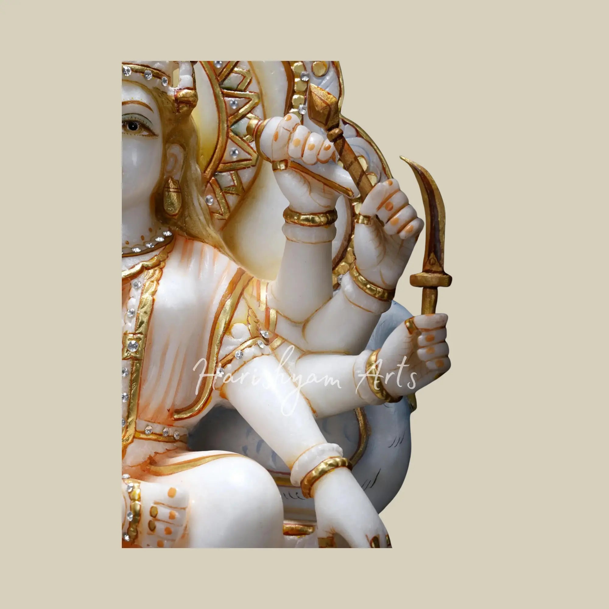 14" White Marble Deity of Eight Armed Durga Maa Seated on Throne