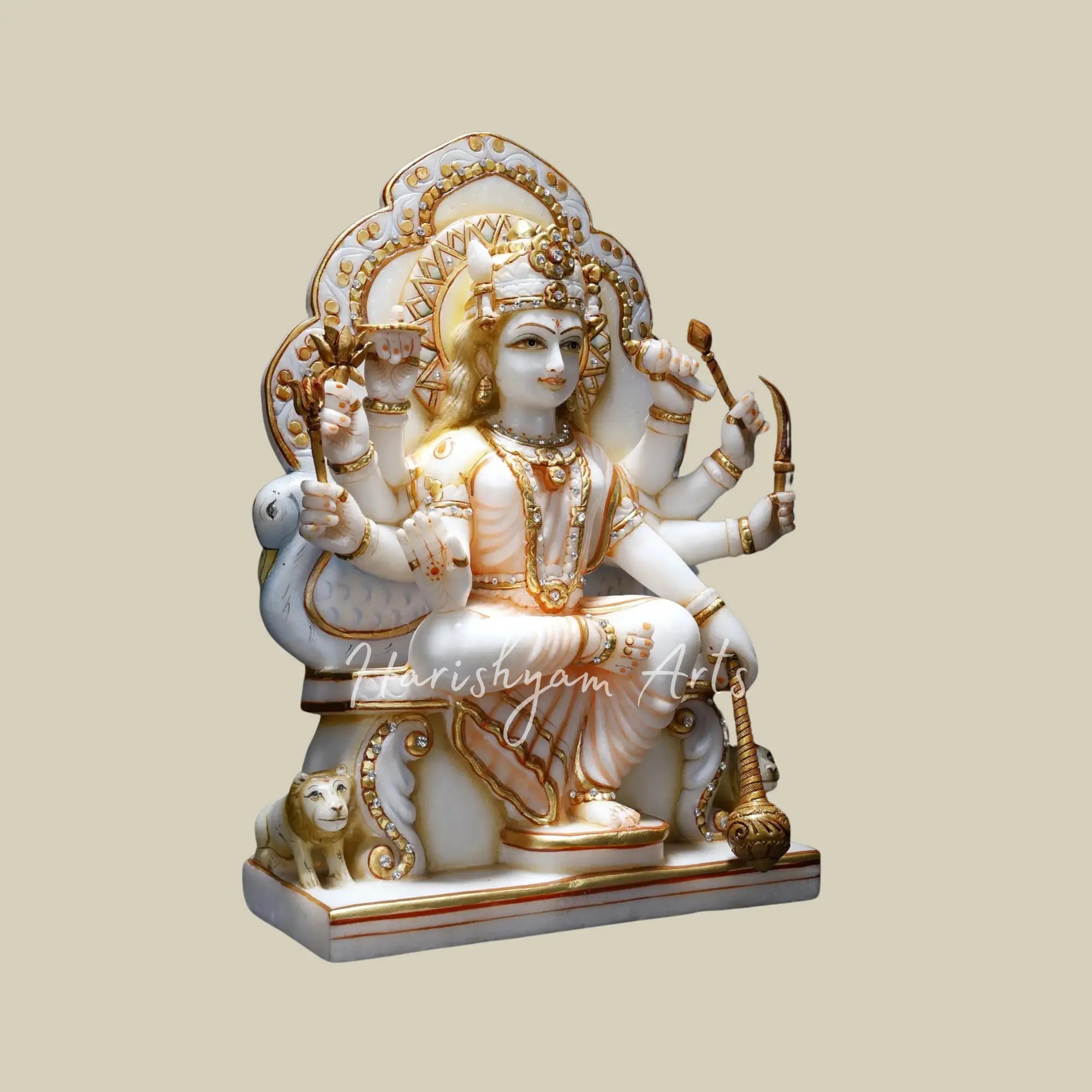 14" White Marble Deity of Eight Armed Durga Maa Seated on Throne