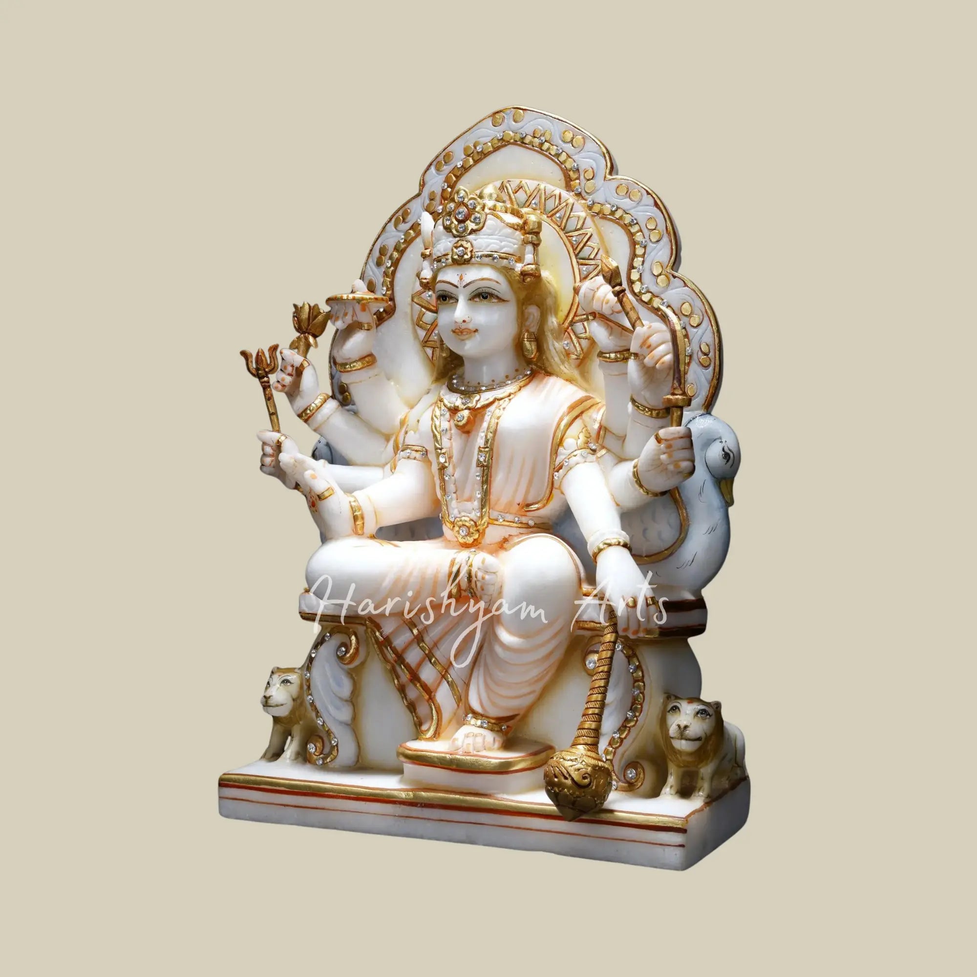 14" White Marble Deity of Eight Armed Durga Maa Seated on Throne