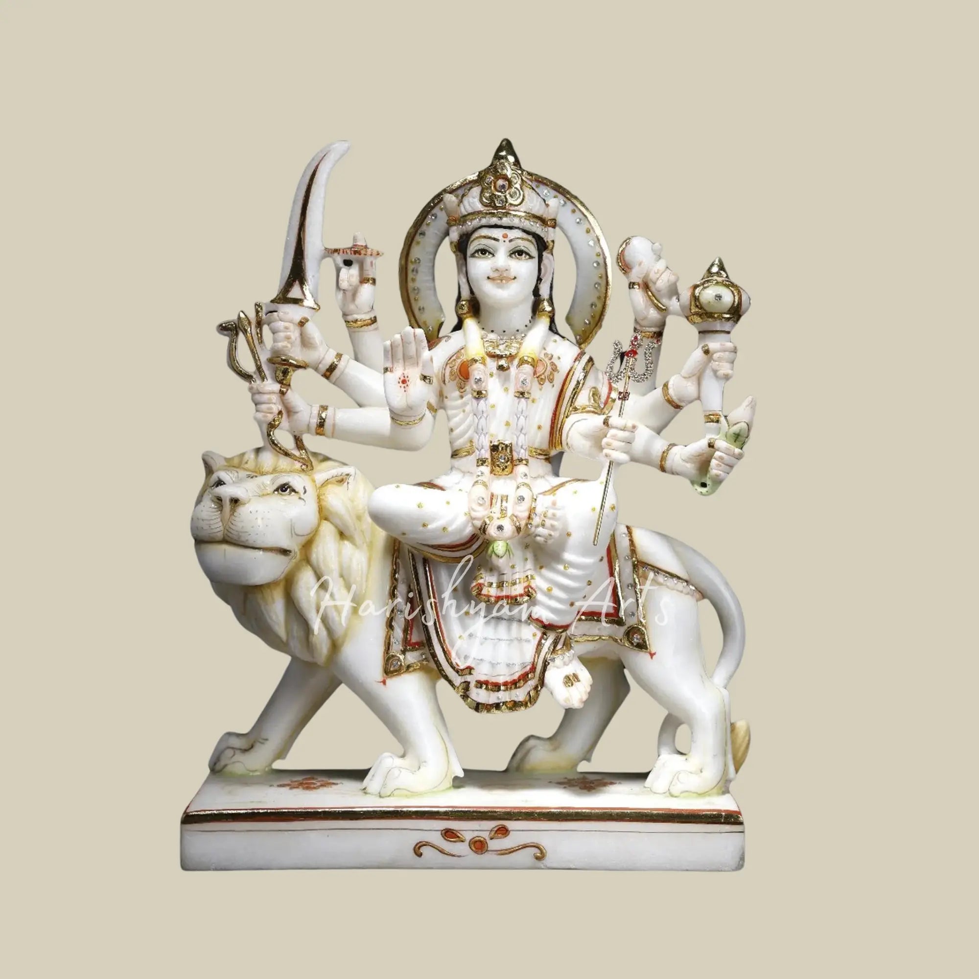 14" White Marble Deity of Eight Armed Durga Maa Seated on Throne