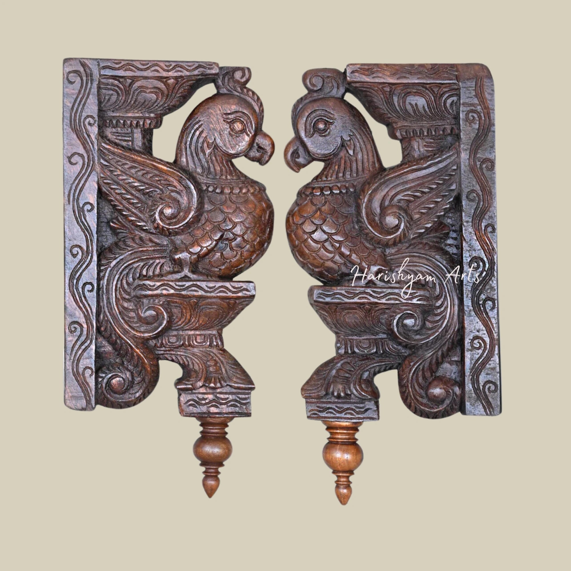15.5" Handcarved Wooden Wall Brackets with Parrots on Dome Art Base
