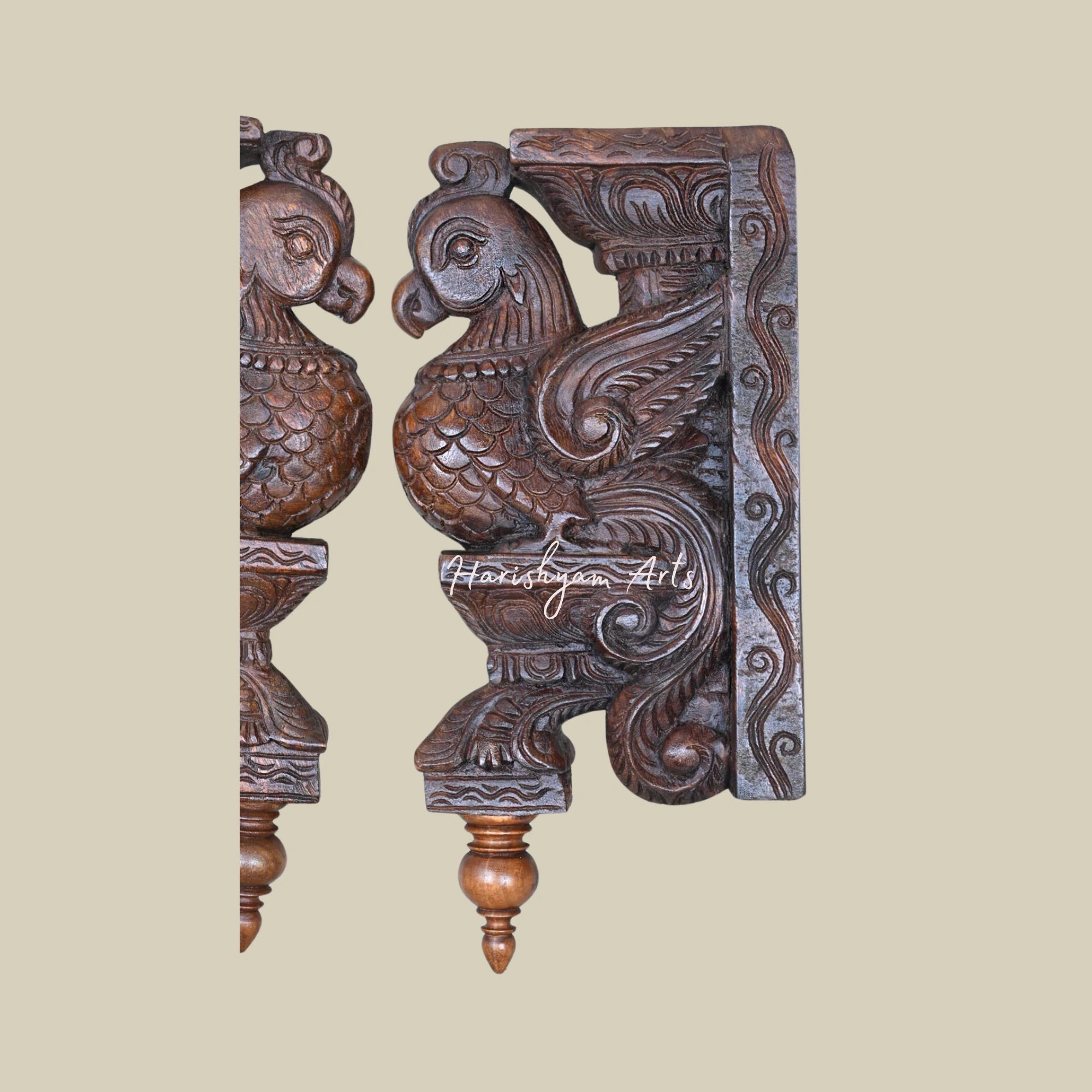 15.5" Handcarved Wooden Wall Brackets with Parrots on Dome Art Base1