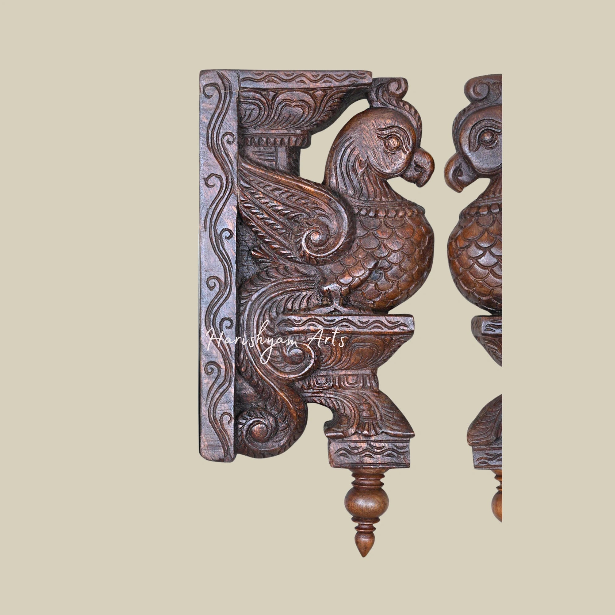 15.5" Handcarved Wooden Wall Brackets with Parrots on Dome Art Base2