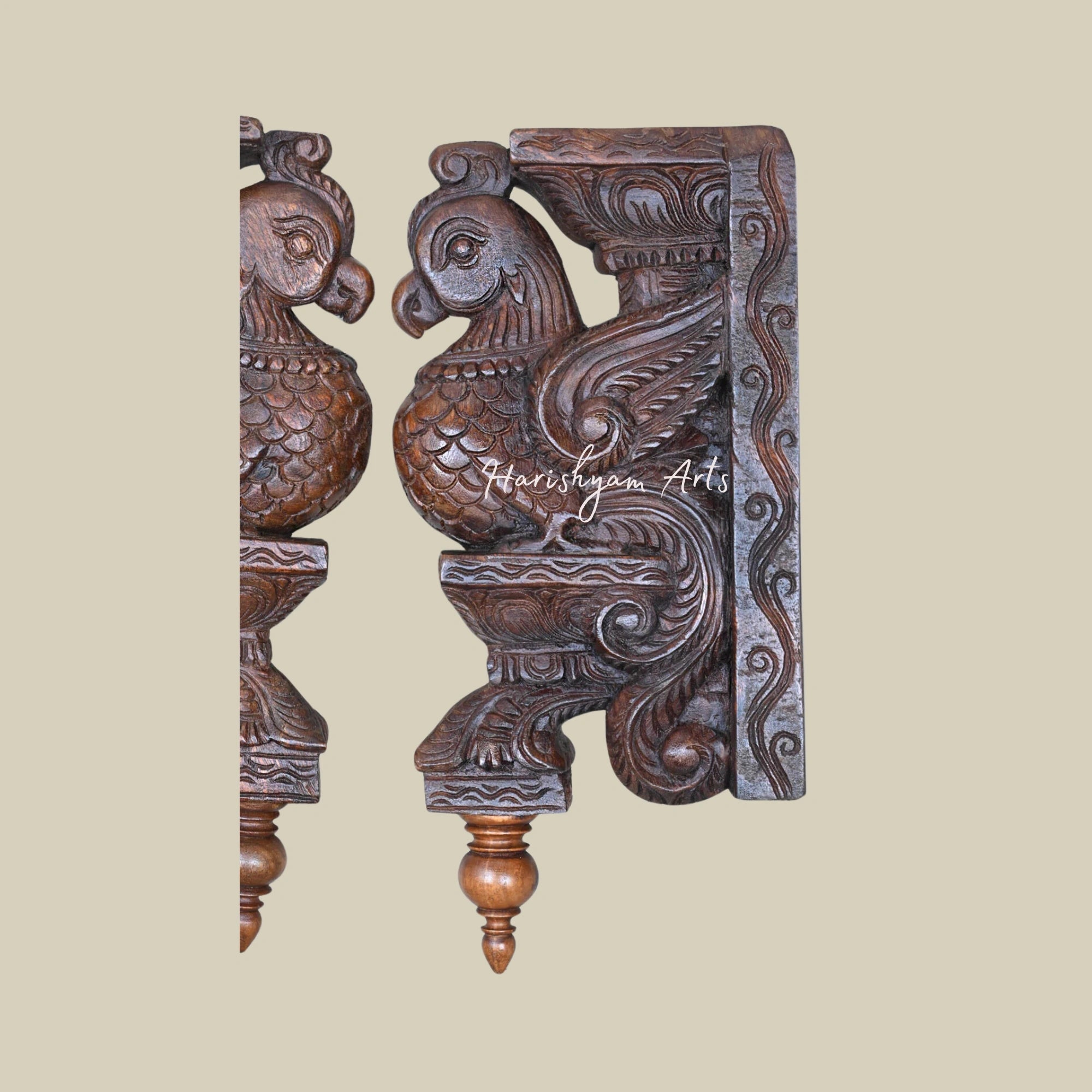 15.5" Handcarved Wooden Wall Brackets with Parrots on Dome Art Base3