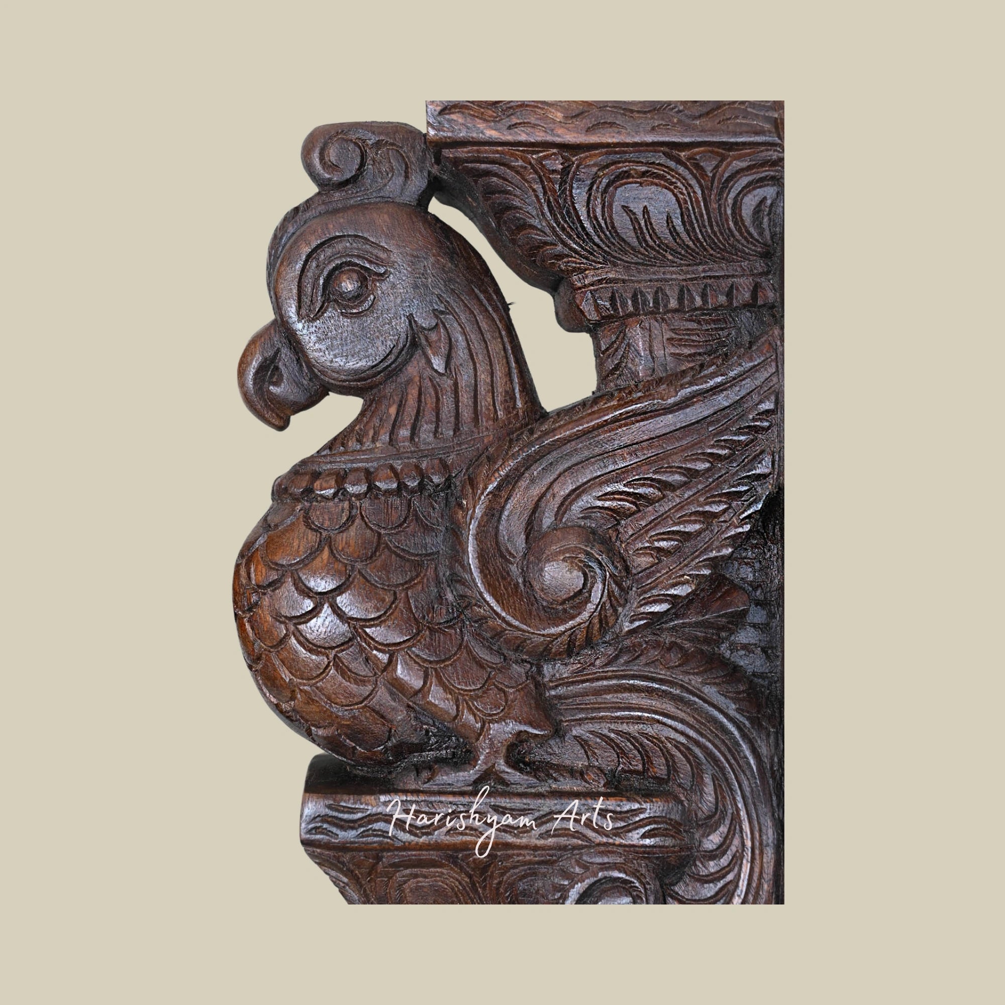 15.5" Handcarved Wooden Wall Brackets with Parrots on Dome Art Base4