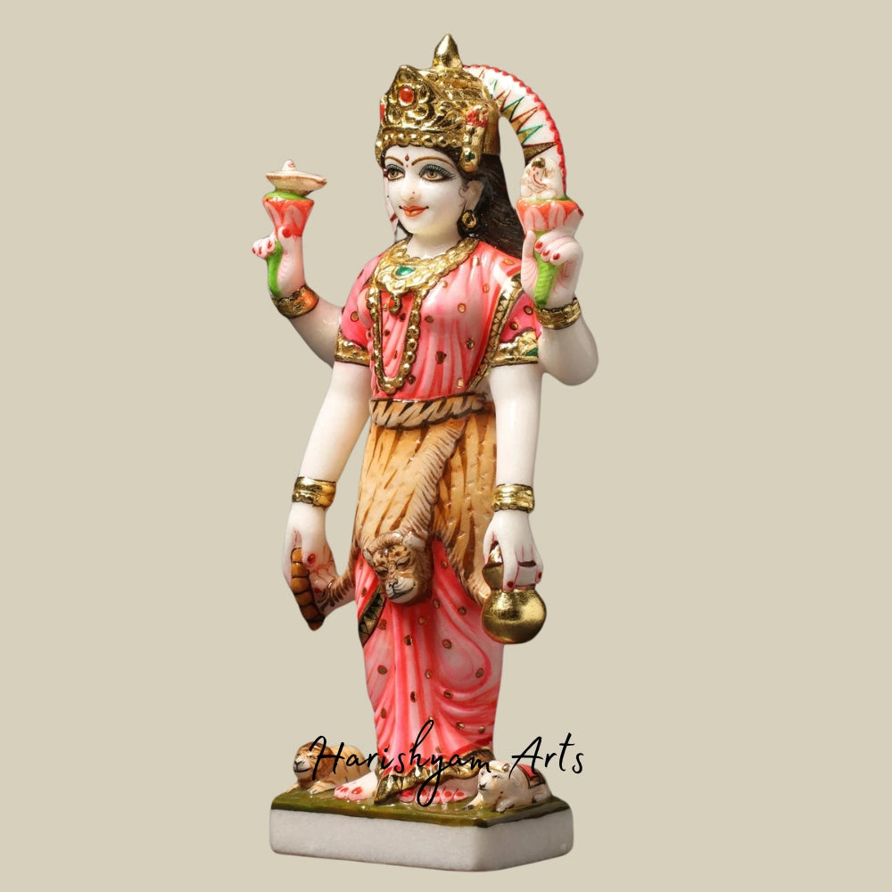 15" Devi Parvati, Tiger-skin Over Her Saree Statue in Marble