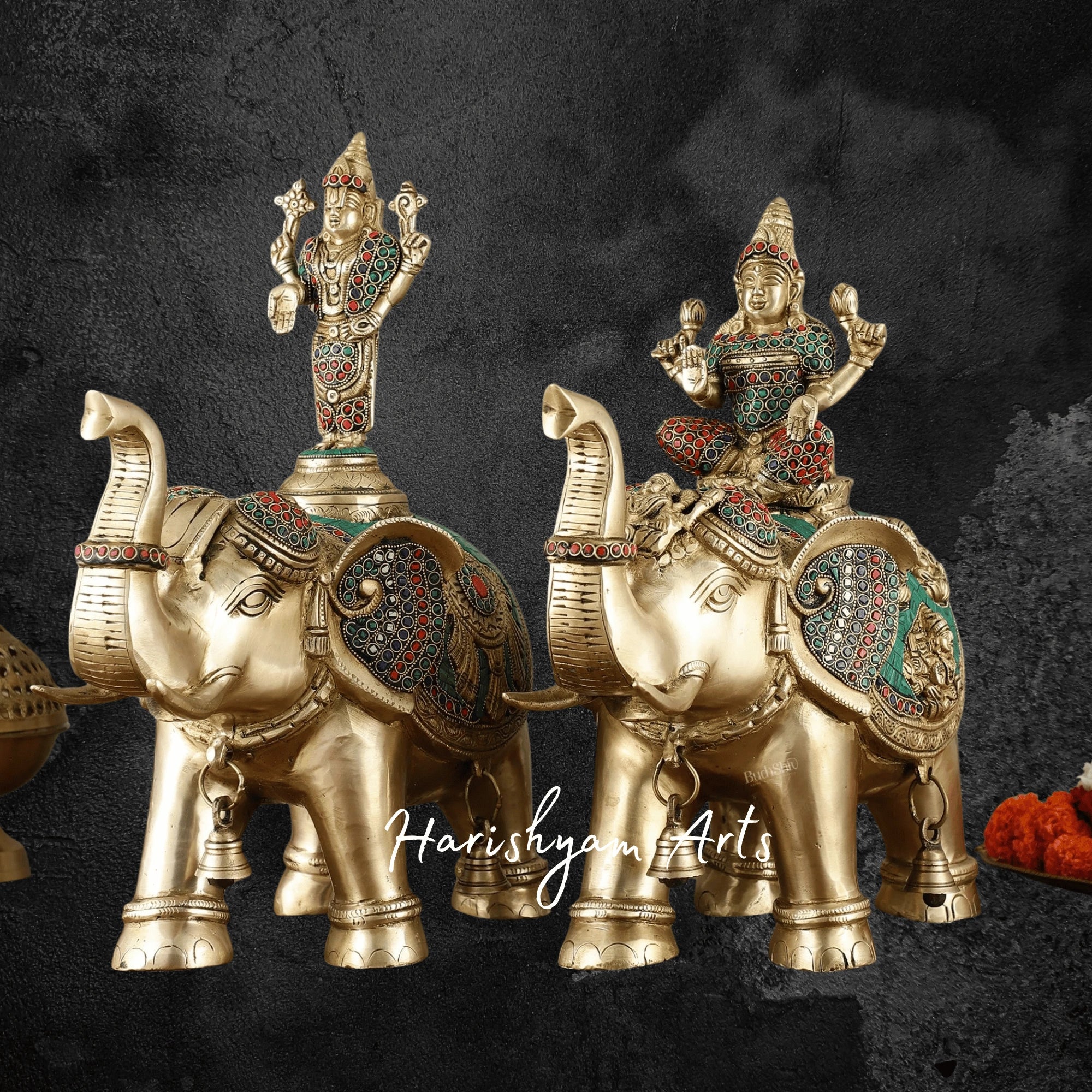 15" Brass Elephant Pair with Engraved Goddess Lakshmi and Lord Tirupati Balaji