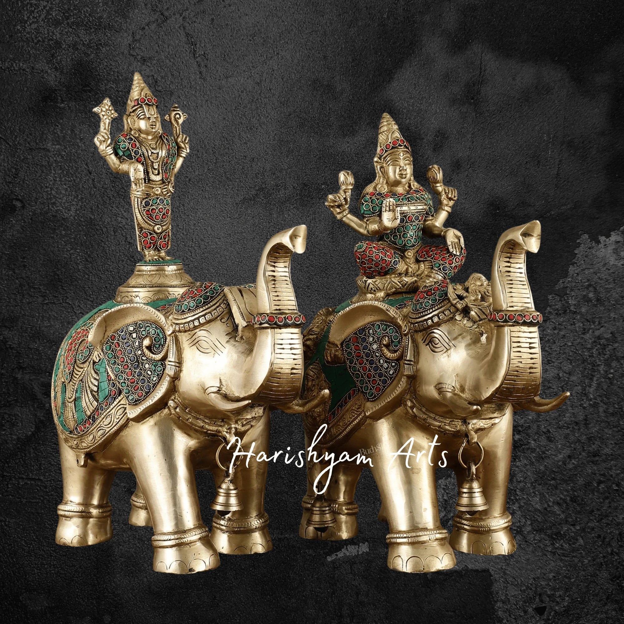 15" Brass Elephant Pair with Engraved Goddess Lakshmi and Lord Tirupati Balaji