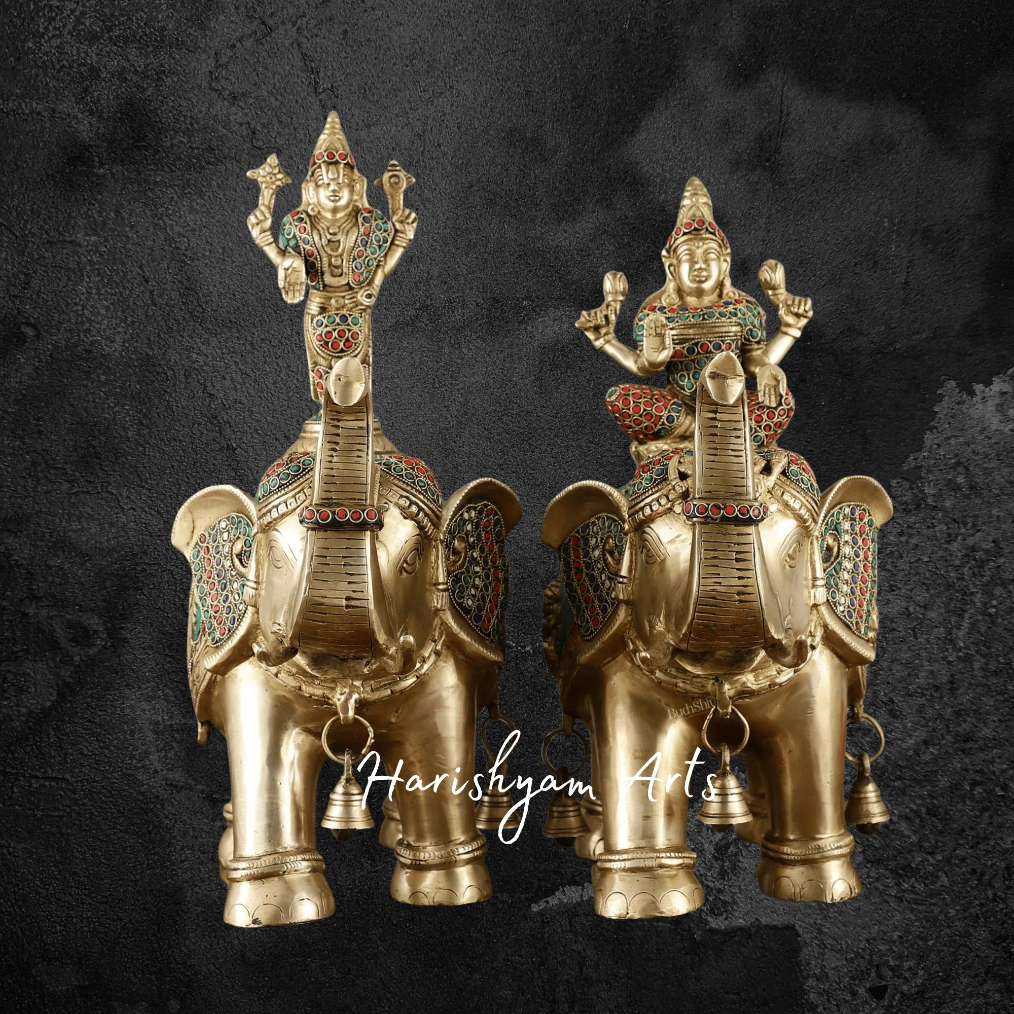 15" Brass Elephant Pair with Engraved Goddess Lakshmi and Lord Tirupati Balaji