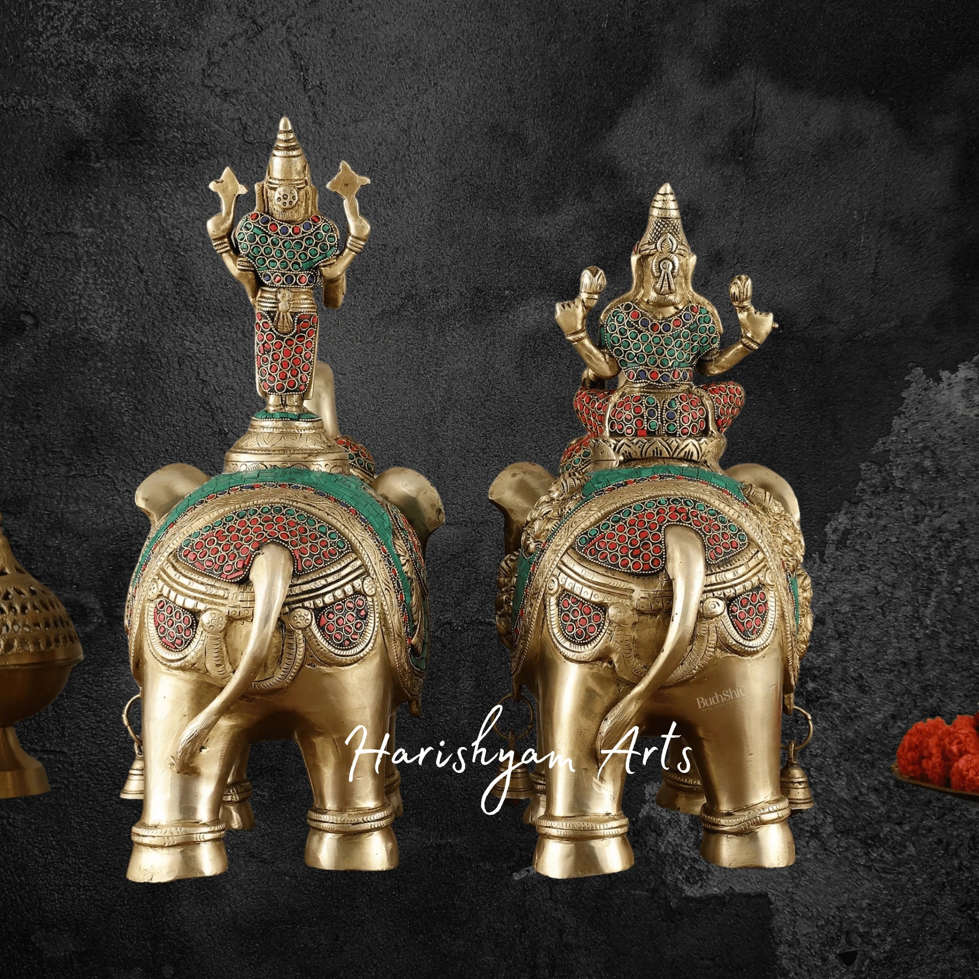 15" Brass Elephant Pair with Engraved Goddess Lakshmi and Lord Tirupati Balaji