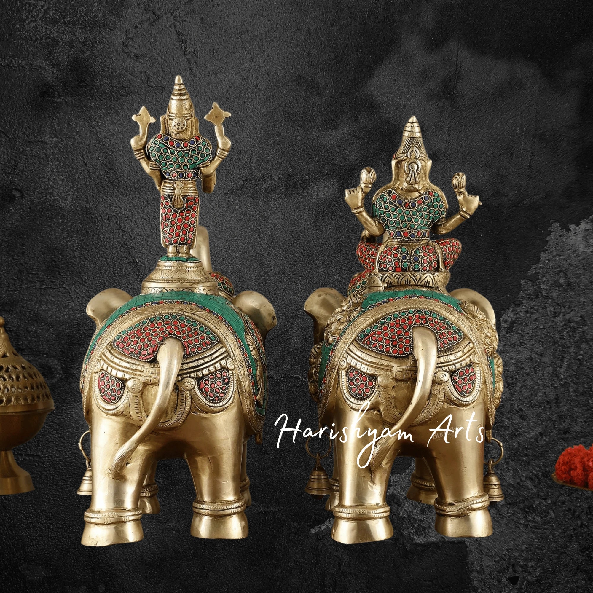 15" Brass Elephant Pair with Engraved Goddess Lakshmi and Lord Tirupati Balaji