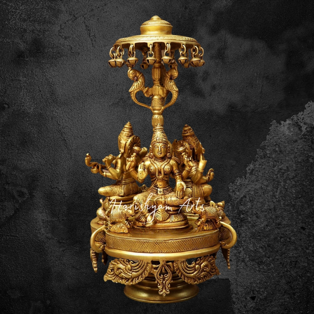 15" Brass Ganesh Lakshmi Saraswati Statue
