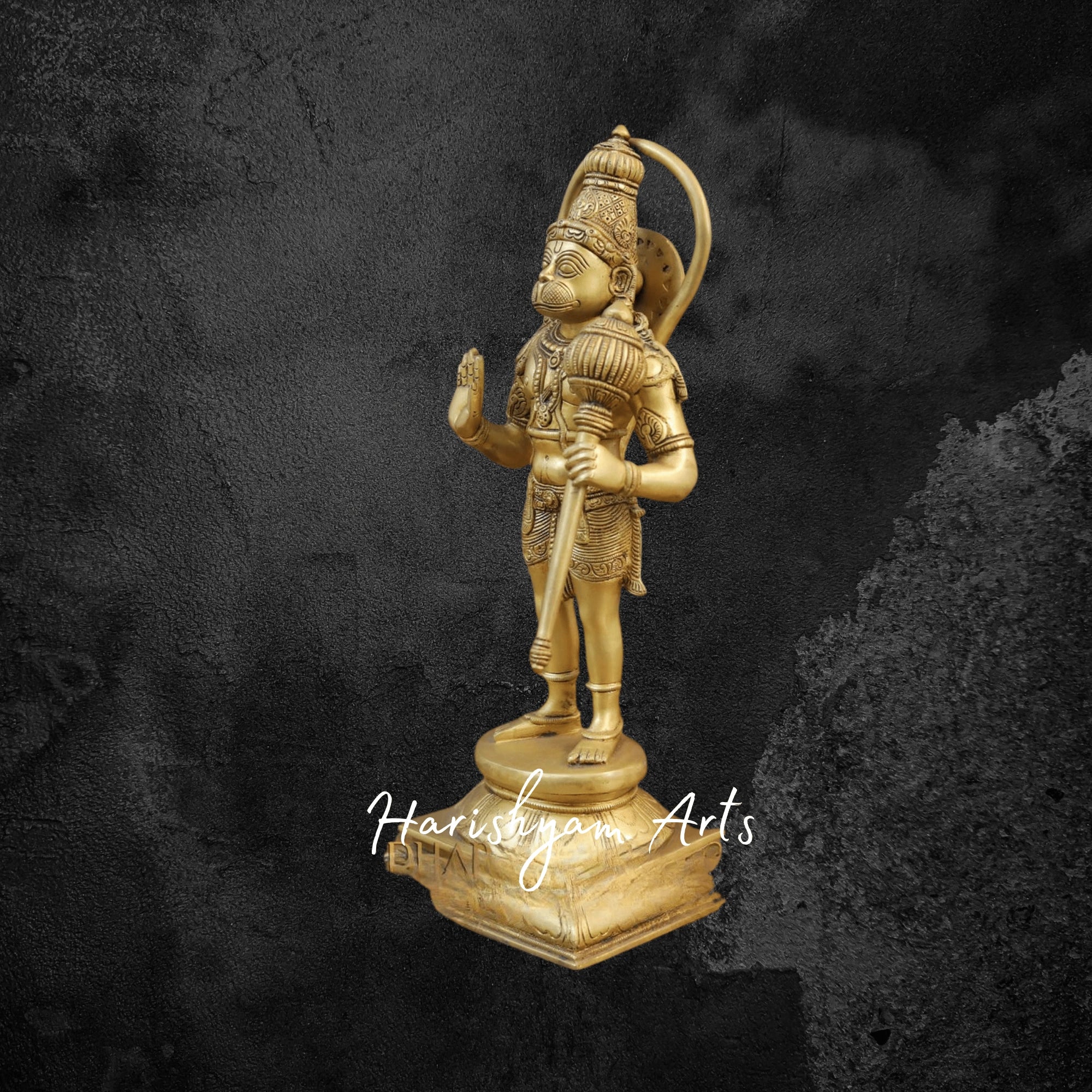 15" Brass Lord Hanuman Statue Standing on Lotus Pedestal with Fine Golden Finish