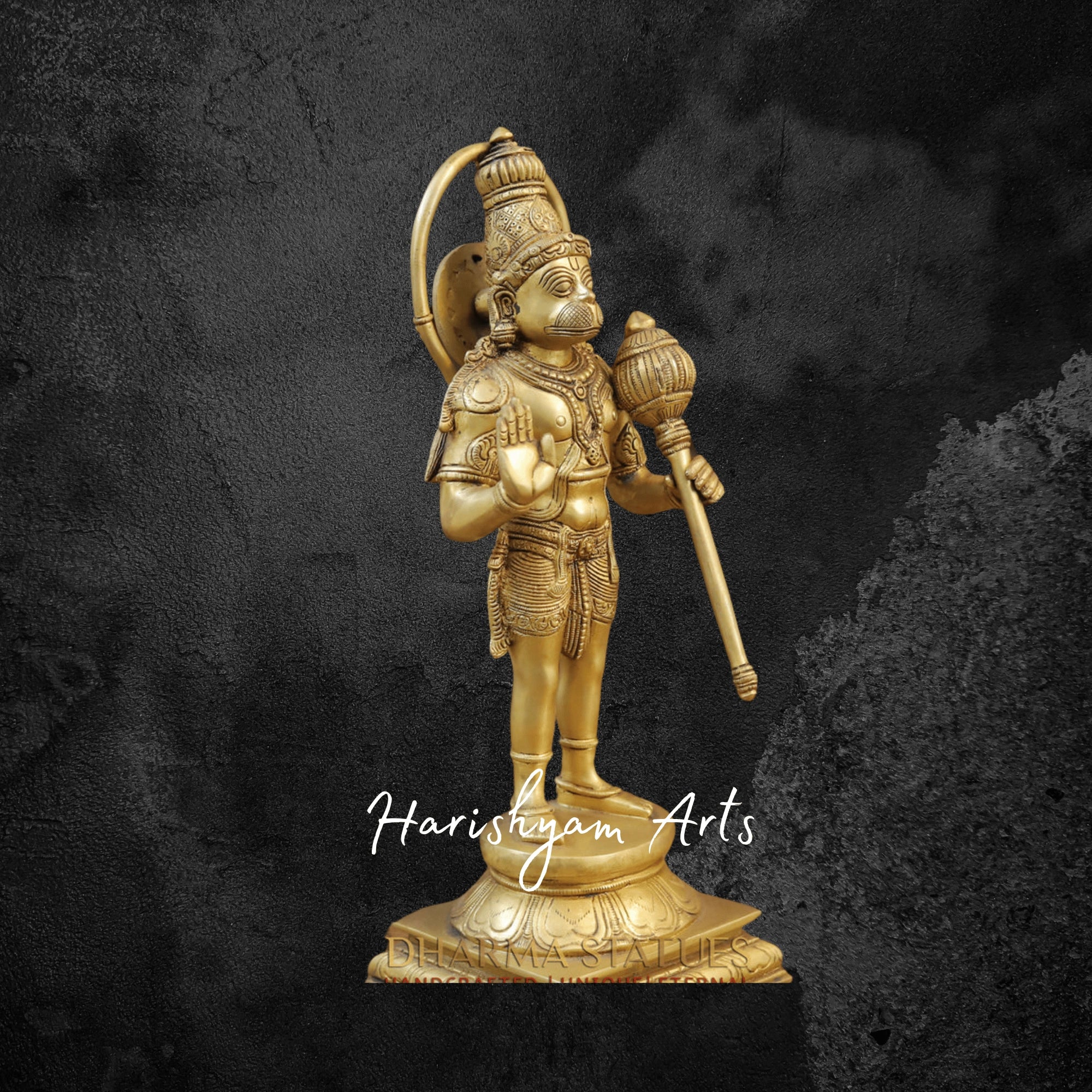 15" Brass Lord Hanuman Statue Standing on Lotus Pedestal with Fine Golden Finish