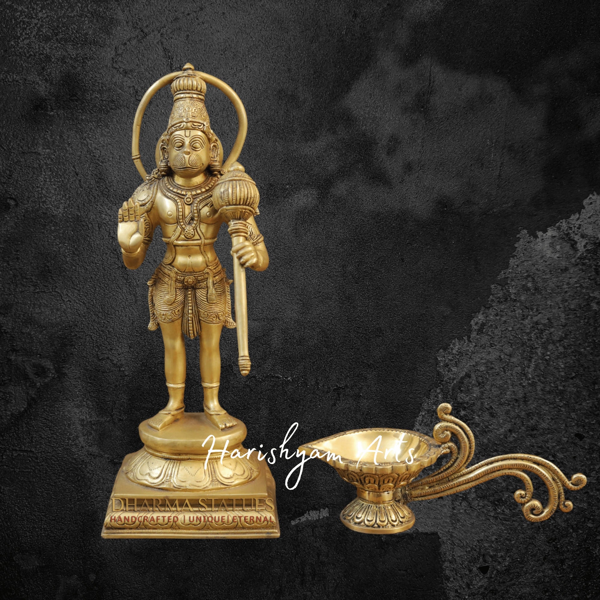 15" Brass Lord Hanuman Statue Standing on Lotus Pedestal with Fine Golden Finish