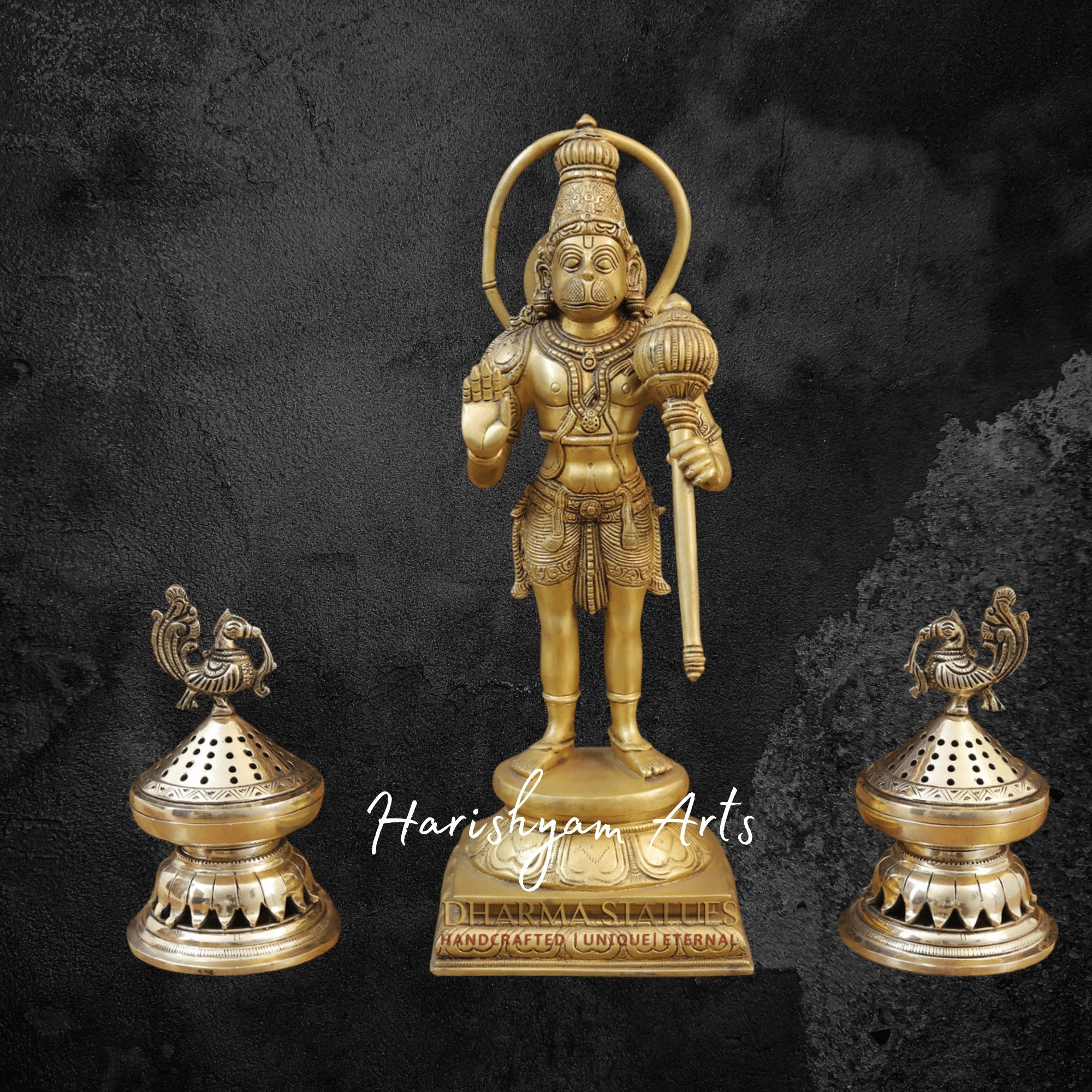 15" Brass Lord Hanuman Statue Standing on Lotus Pedestal with Fine Golden Finish