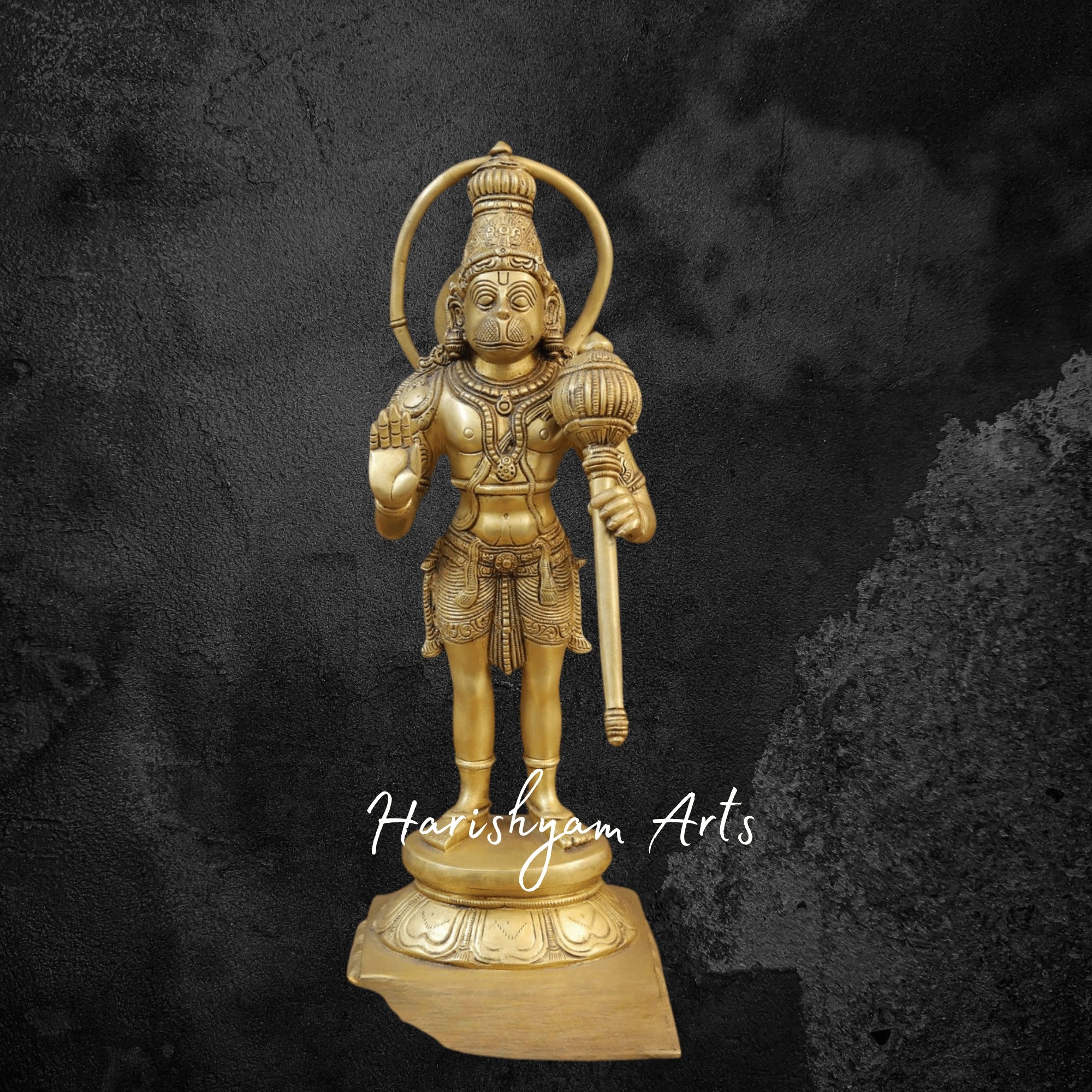 15" Brass Lord Hanuman Statue Standing on Lotus Pedestal with Fine Golden Finish