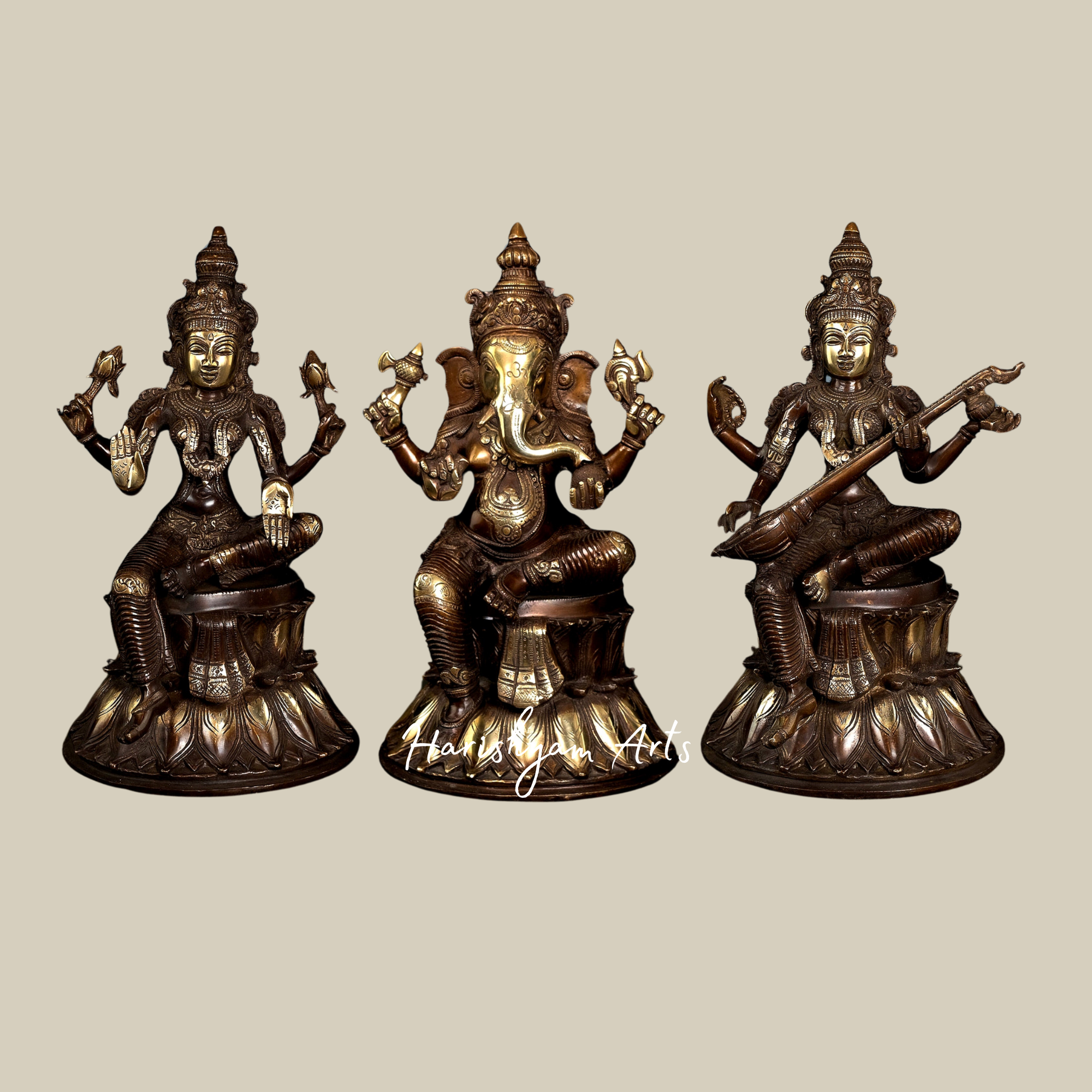 15" Brass Ganesh Lakshmi Saraswati Idol Set for Mandir Decor