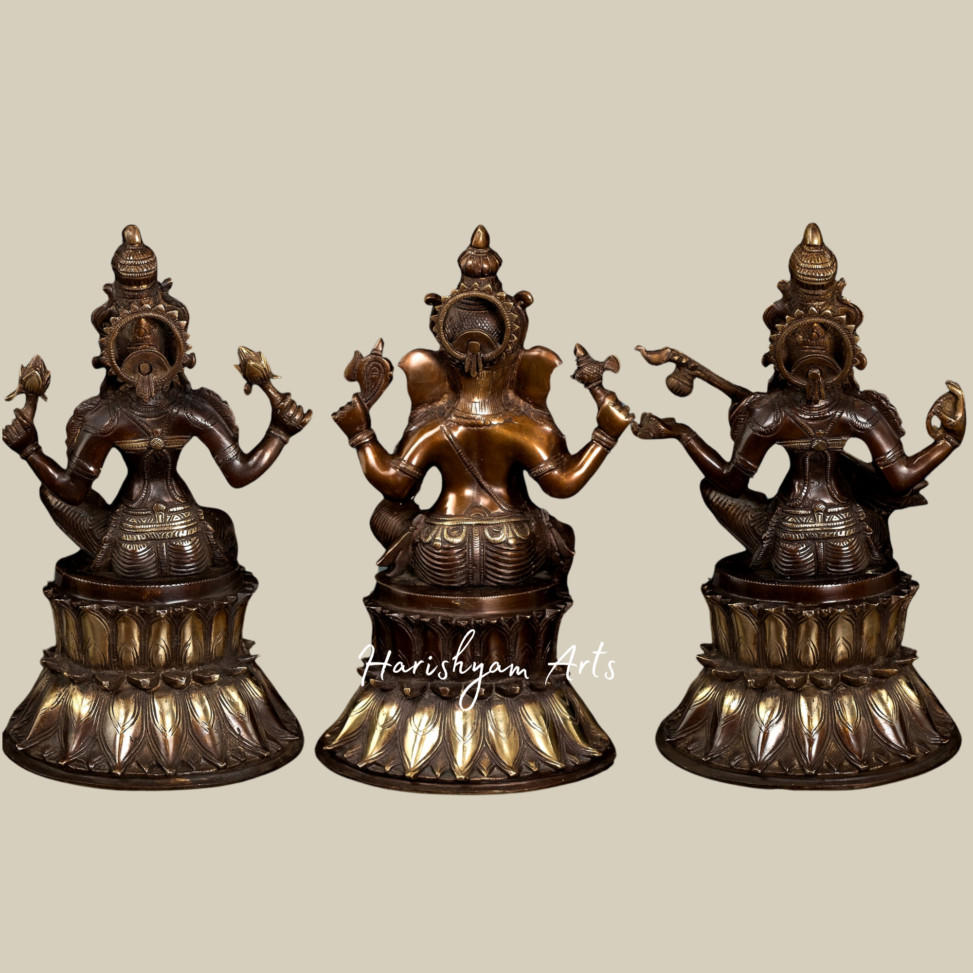 15" Brass Ganesh Lakshmi Saraswati Idol Set for Mandir Decor1