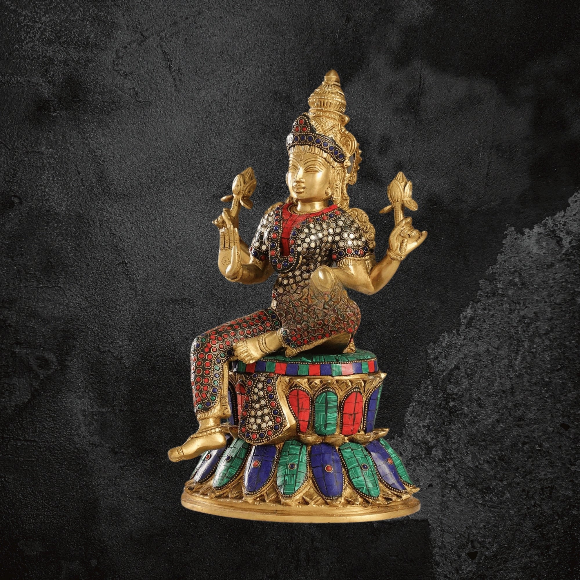 15" Exquisite Pure Brass Lakshmi Statue with Meenakari Stone Inlay