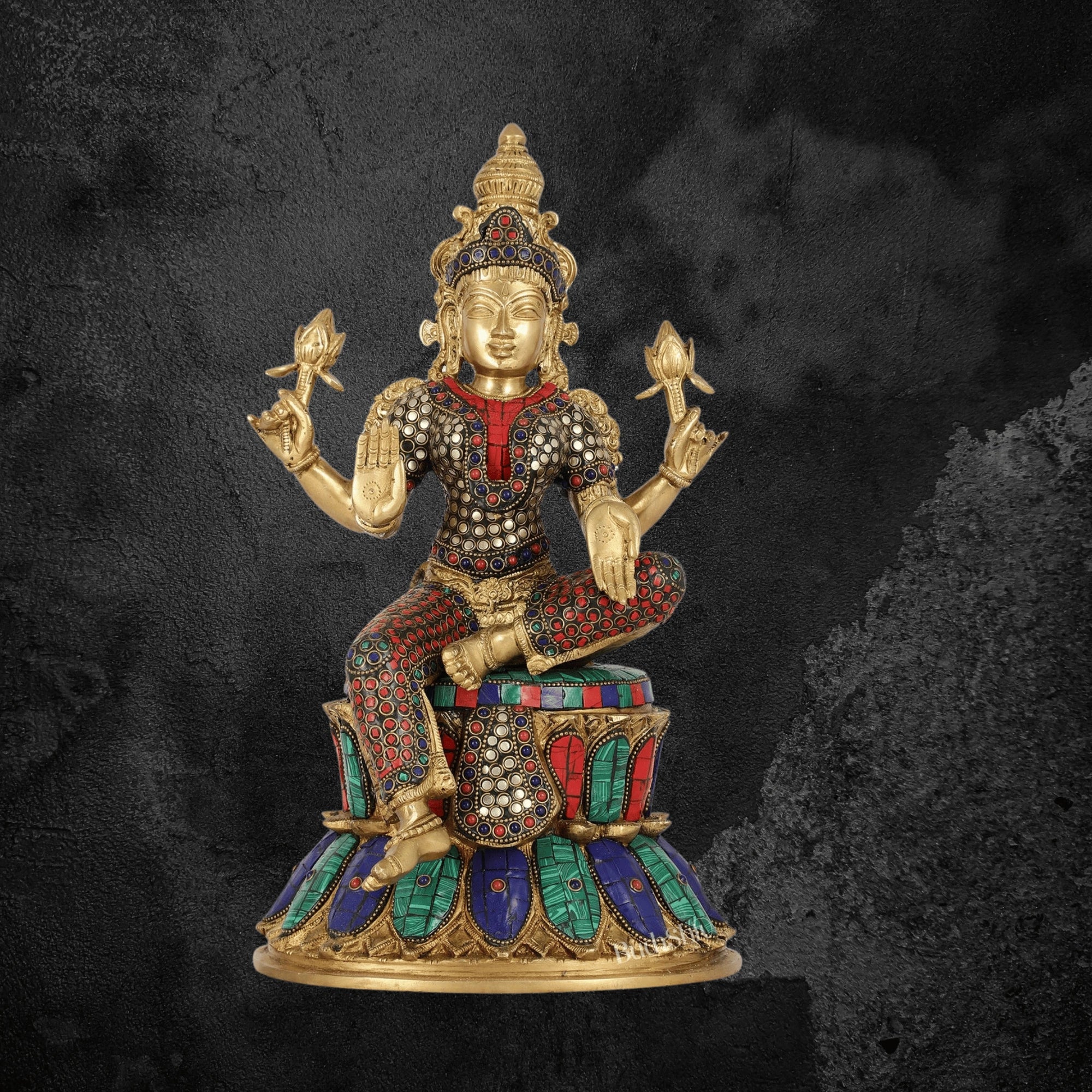 15" Exquisite Pure Brass Lakshmi Statue with Meenakari Stone Inlay