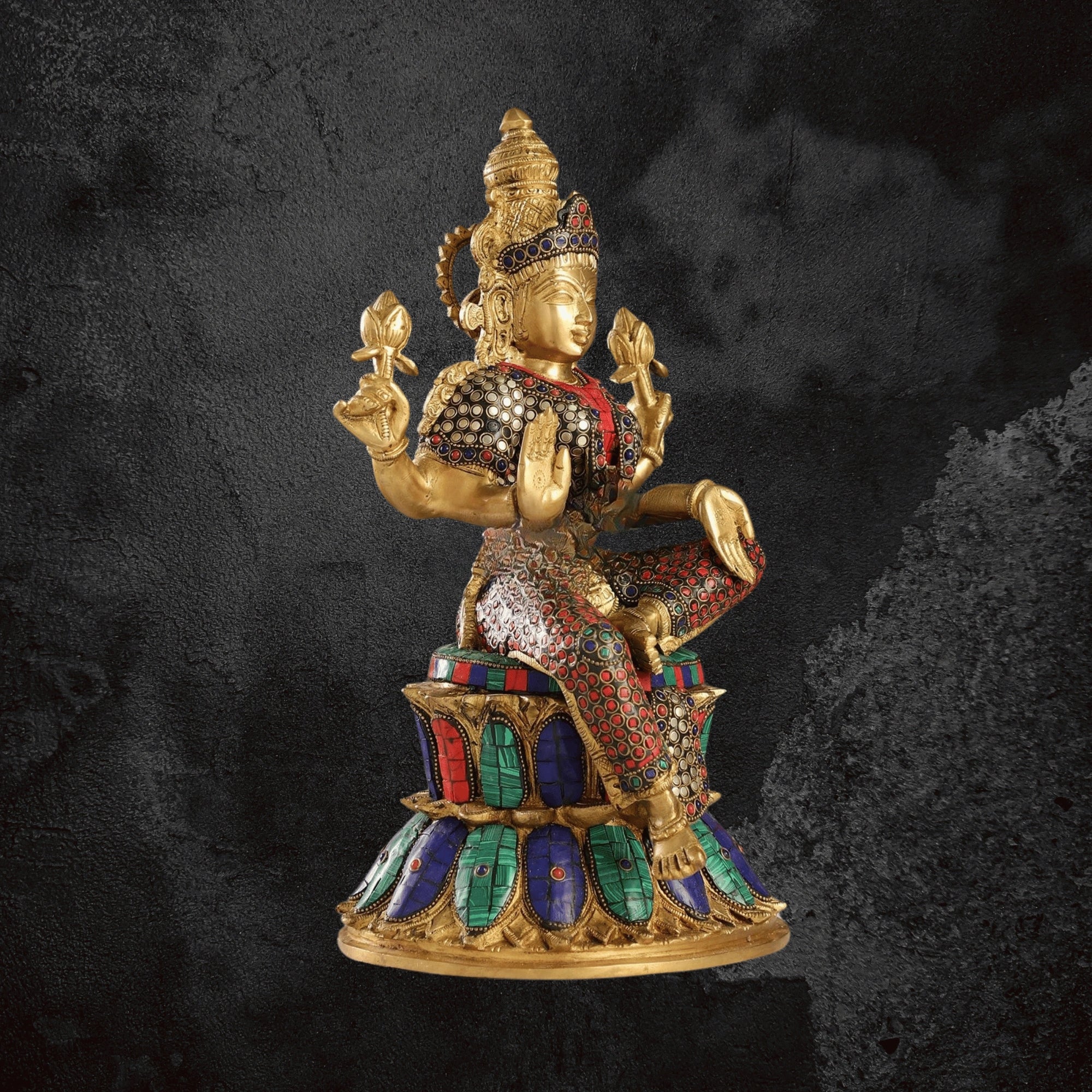 15" Exquisite Pure Brass Lakshmi Statue with Meenakari Stone Inlay