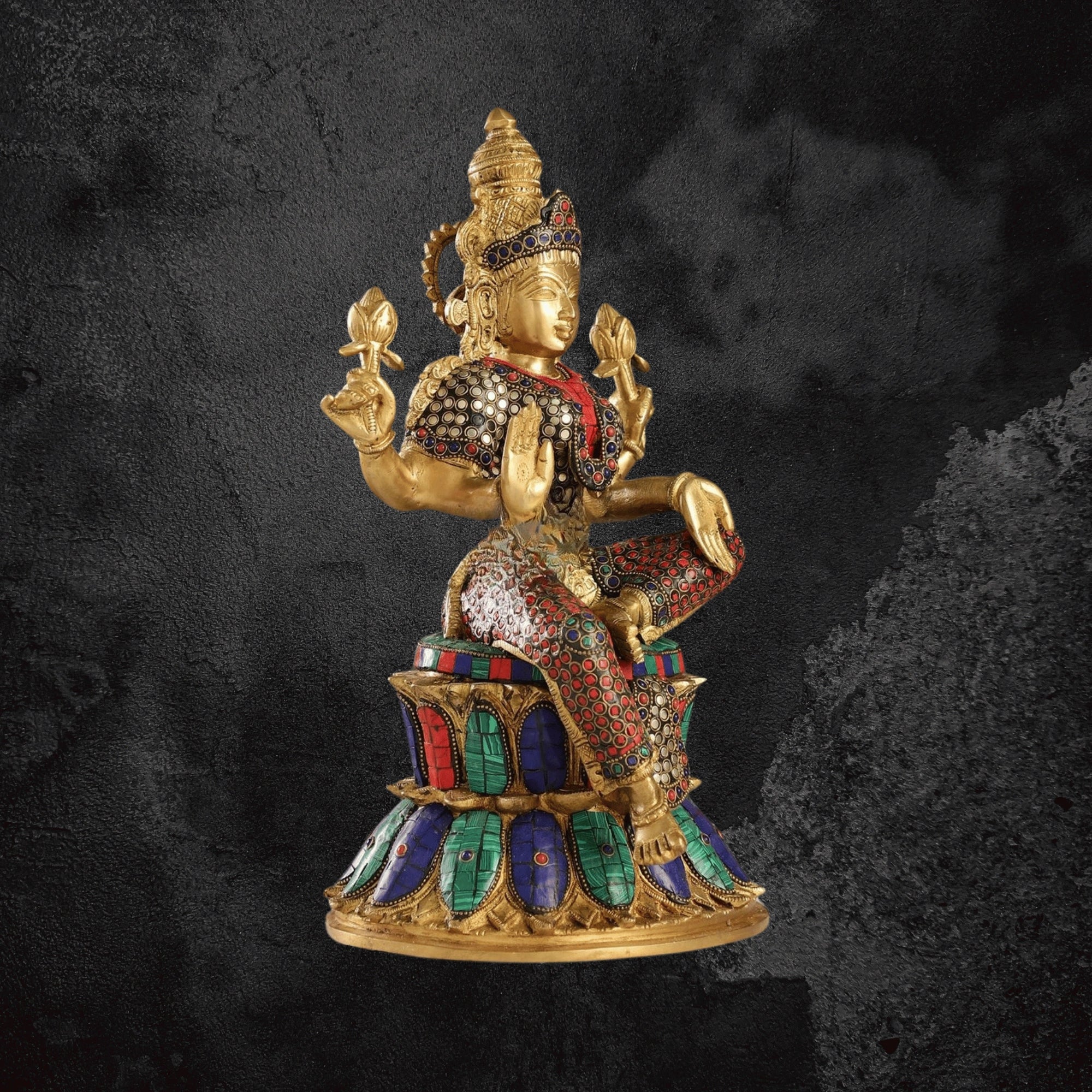 15" Exquisite Pure Brass Lakshmi Statue with Meenakari Stone Inlay