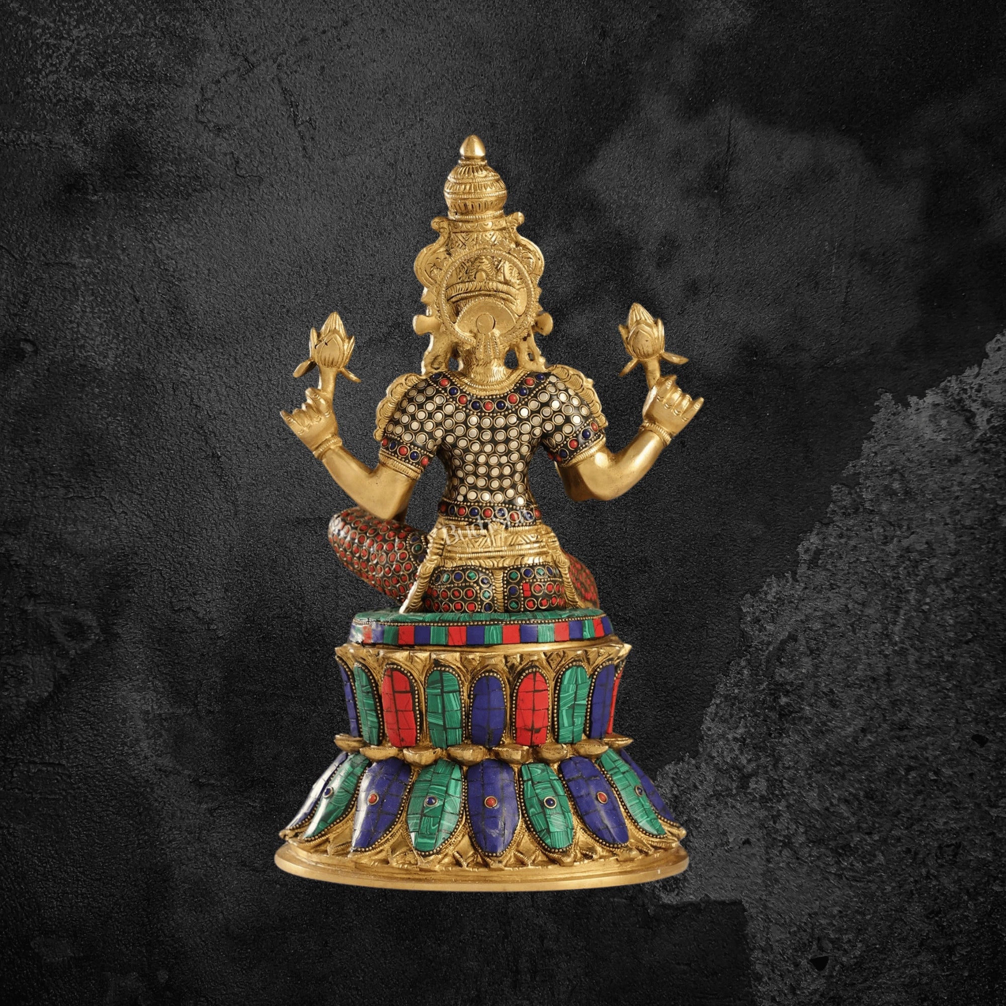 15" Exquisite Pure Brass Lakshmi Statue with Meenakari Stone Inlay
