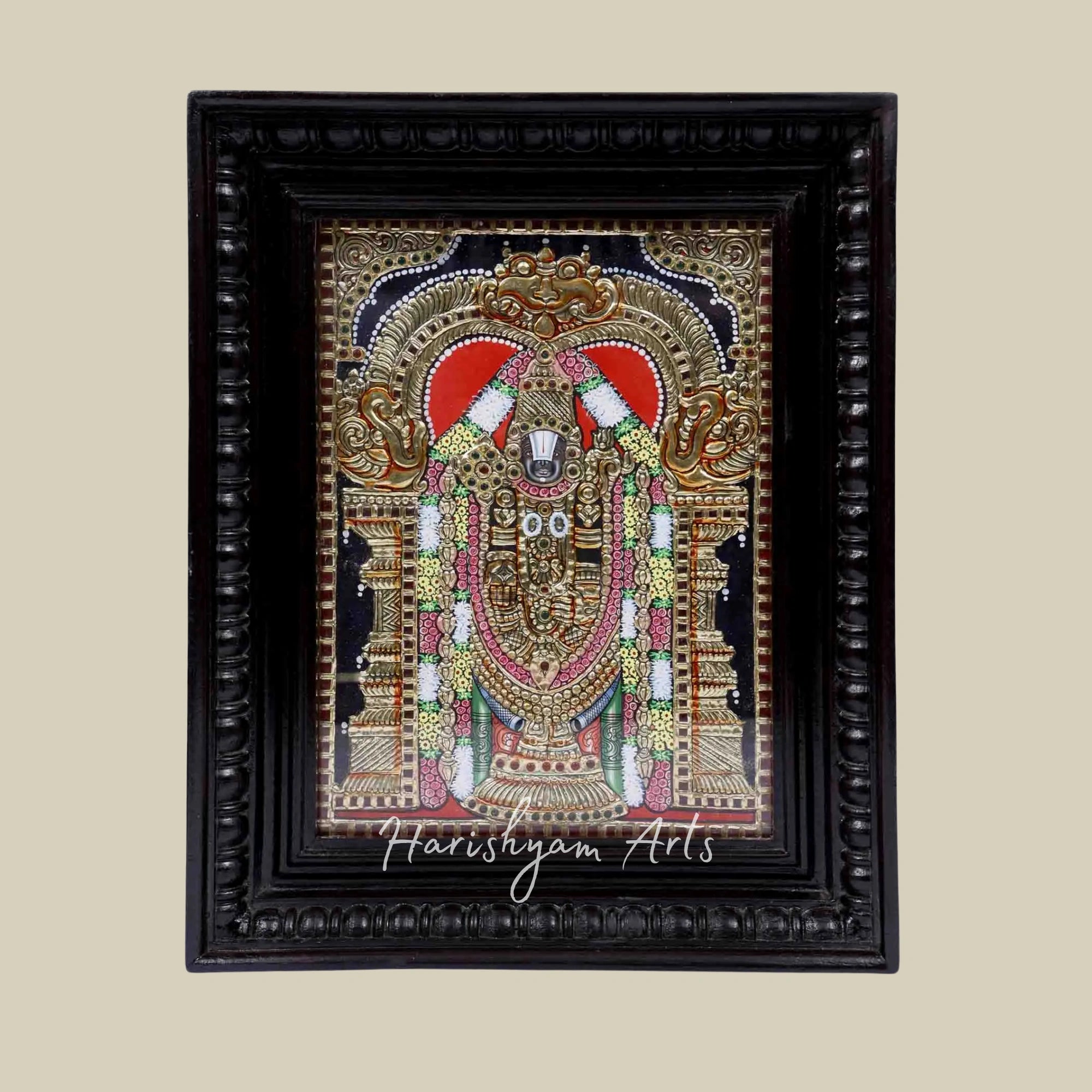 15" Framed Tanjore Painting of Lord Tirupati Balaji Venkateshvara with Elegant Craftsmanship