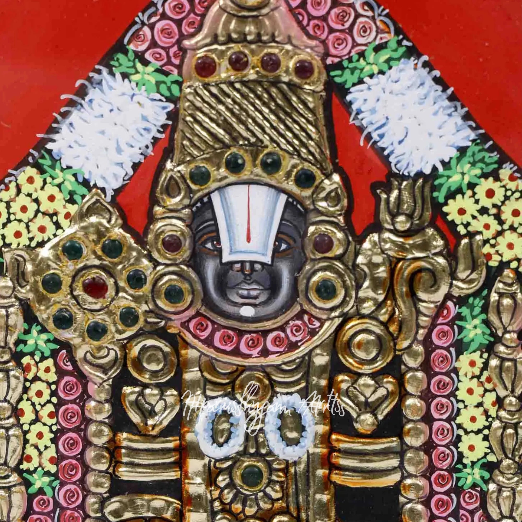 15" Framed Tanjore Painting of Lord Tirupati Balaji Venkateshvara with Elegant Craftsmanship