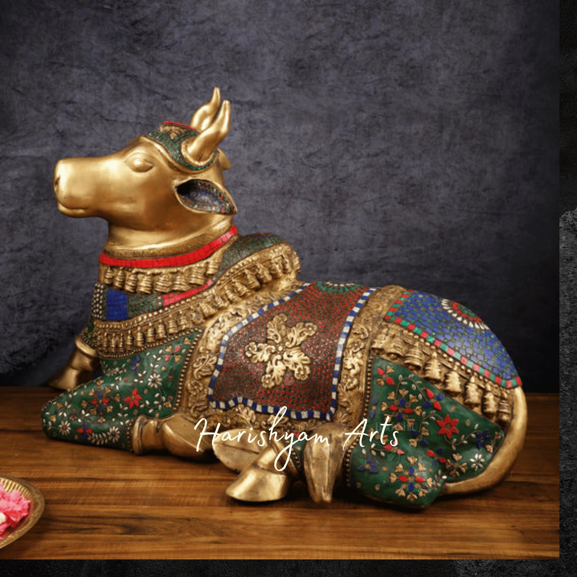 15" Handcrafted Brass Nandi Sculpture with Traditional Stone Embellishments
