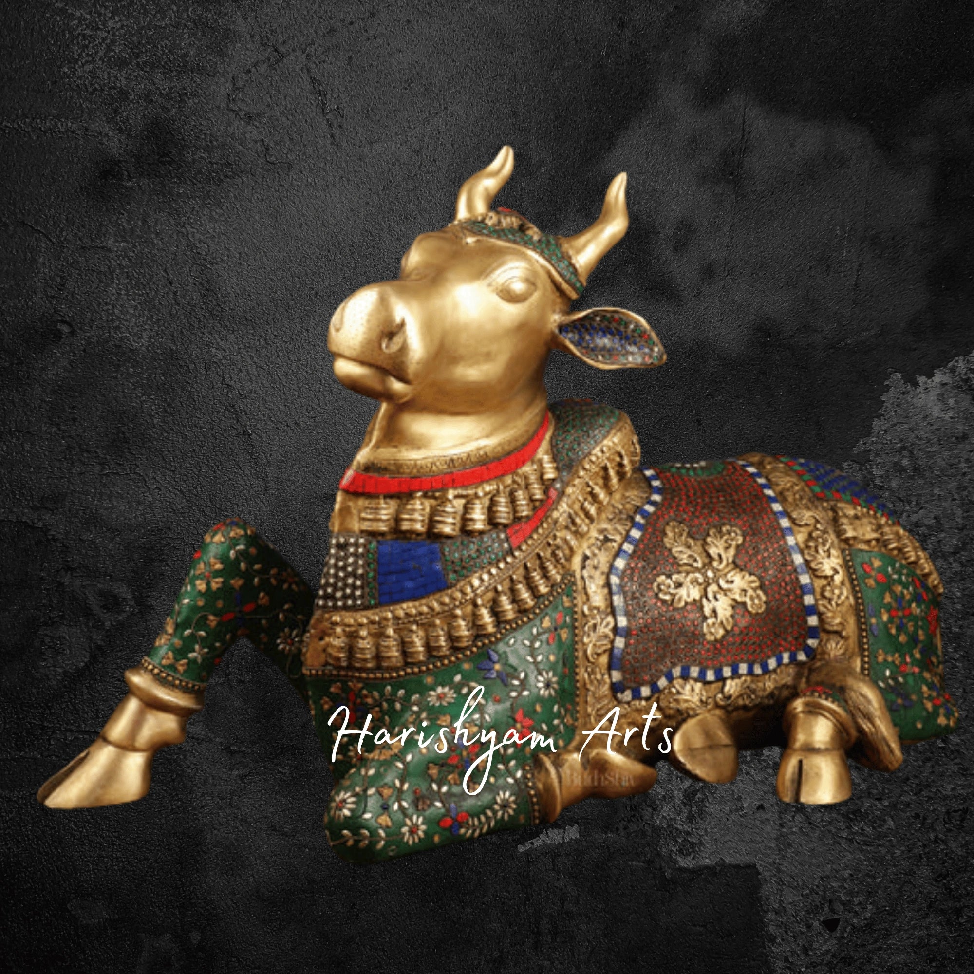 15" Handcrafted Brass Nandi Sculpture with Traditional Stone Embellishments