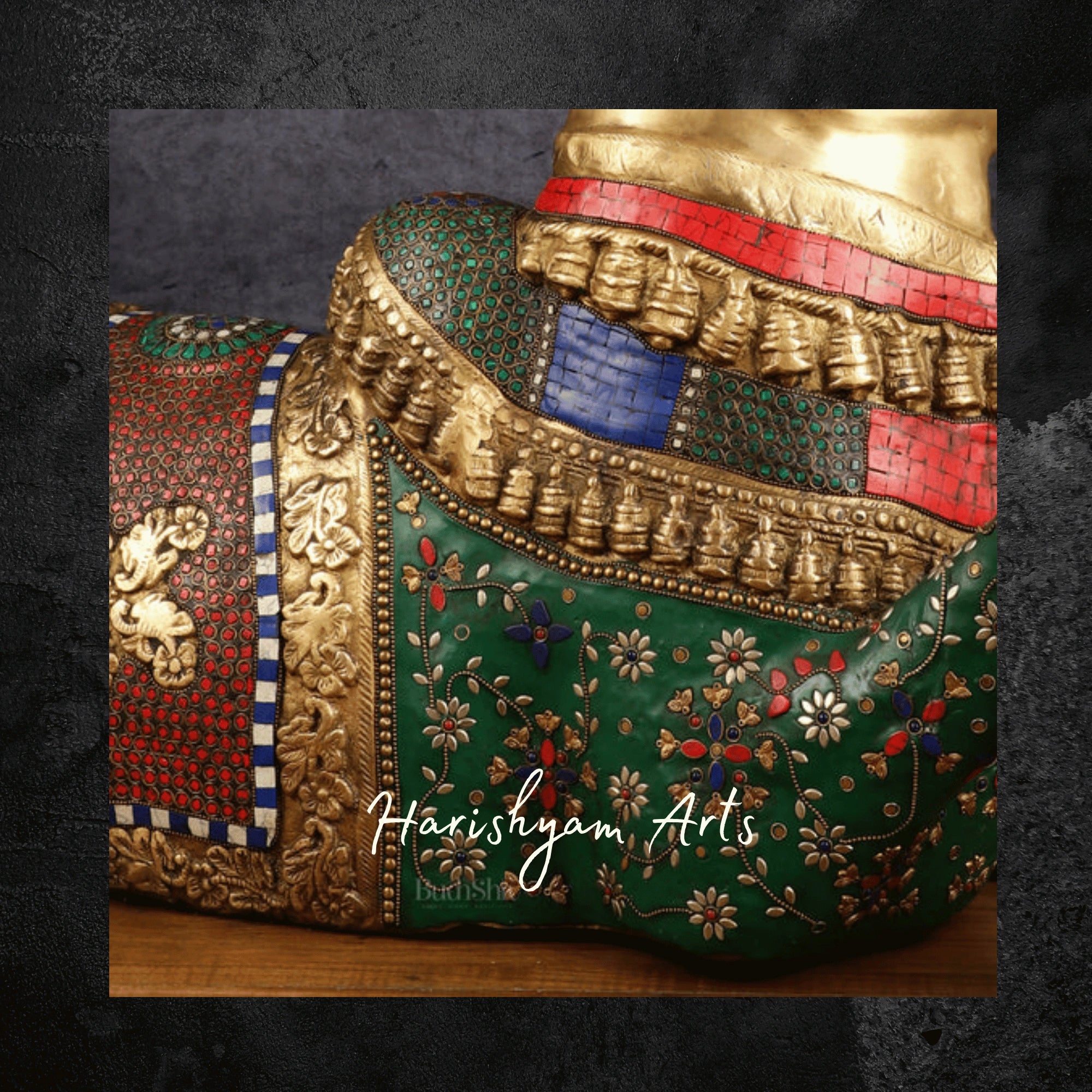 15" Handcrafted Brass Nandi Sculpture with Traditional Stone Embellishments