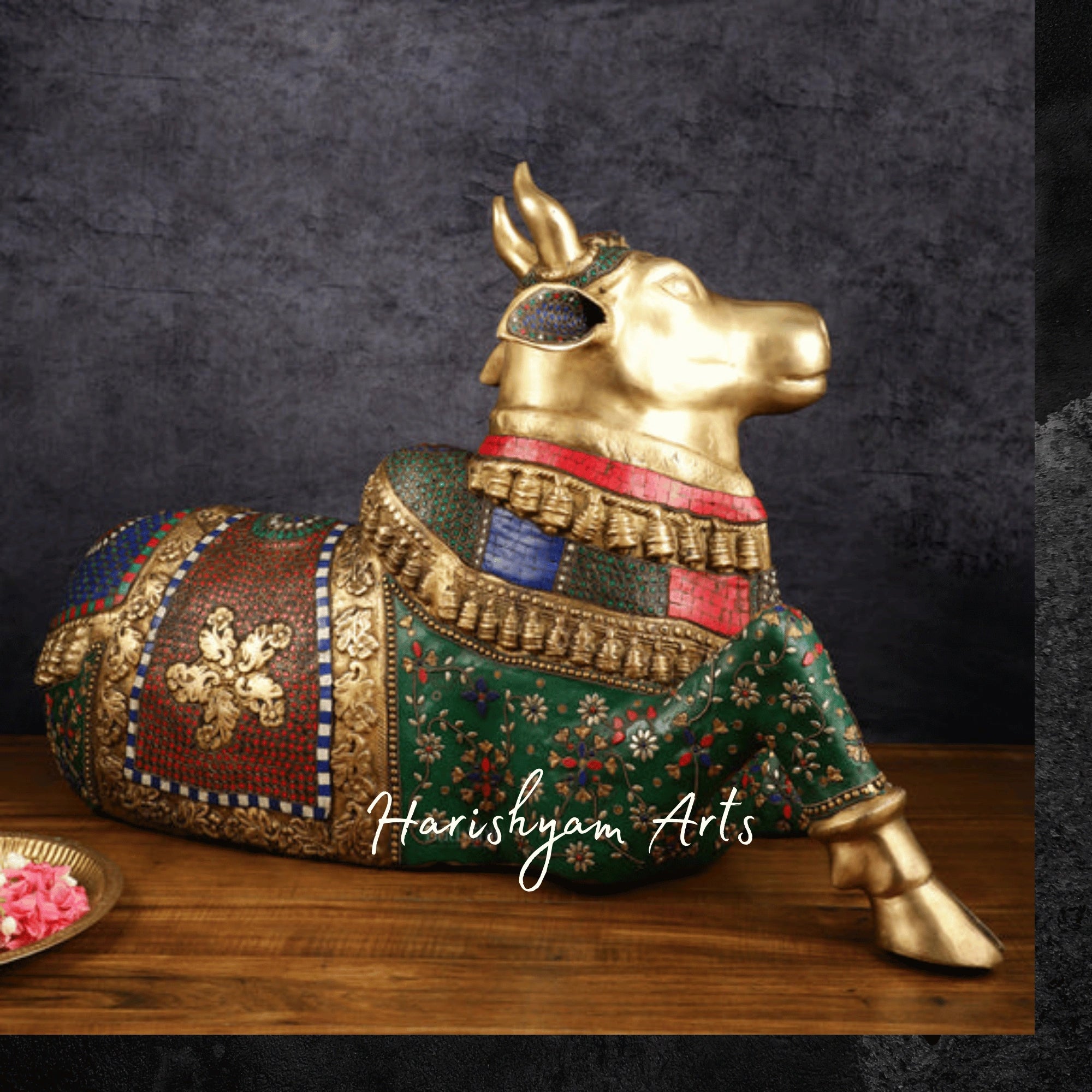 15" Handcrafted Brass Nandi Sculpture with Traditional Stone Embellishments