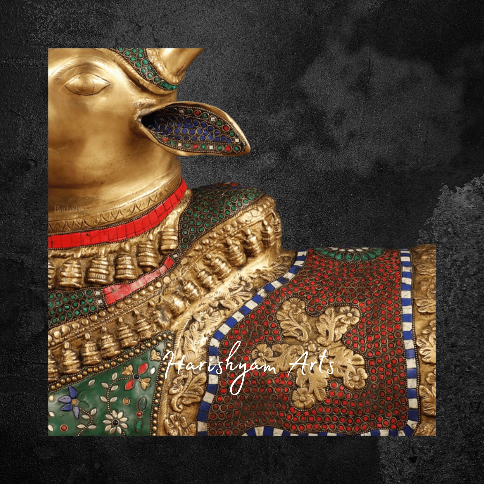 15" Handcrafted Brass Nandi Sculpture with Traditional Stone Embellishments