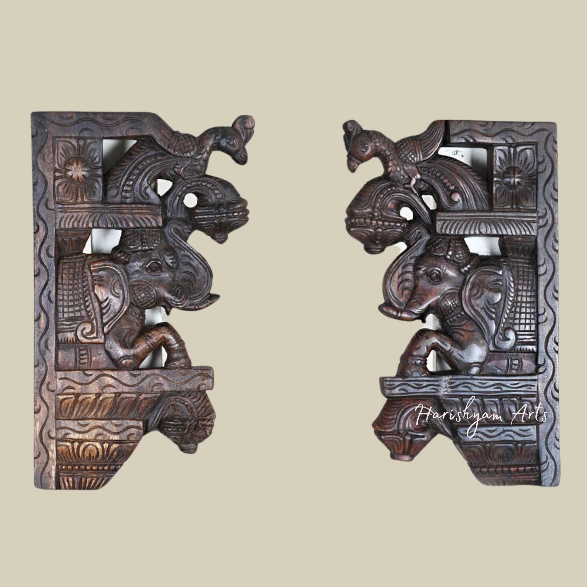 15" Handcrafted Wooden Wall Brackets with Upraised Elephants and Standing Parrots Hooks