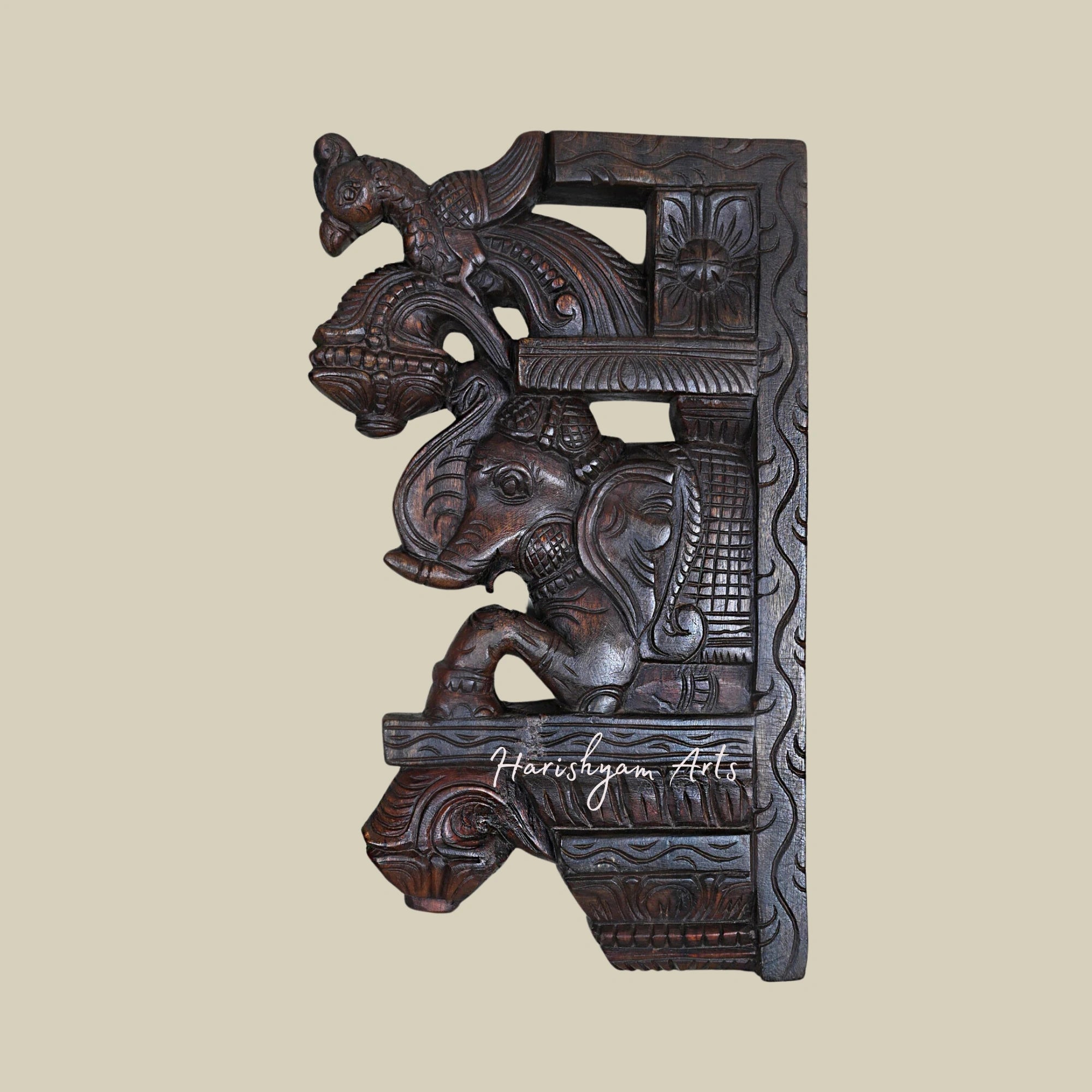 15" Handcrafted Wooden Wall Brackets with Upraised Elephants and Standing Parrots Hooks1