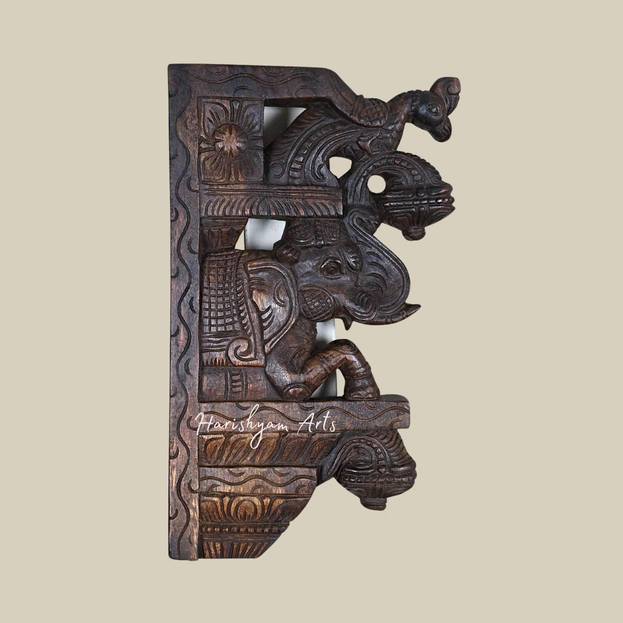 15" Handcrafted Wooden Wall Brackets with Upraised Elephants and Standing Parrots Hooks2