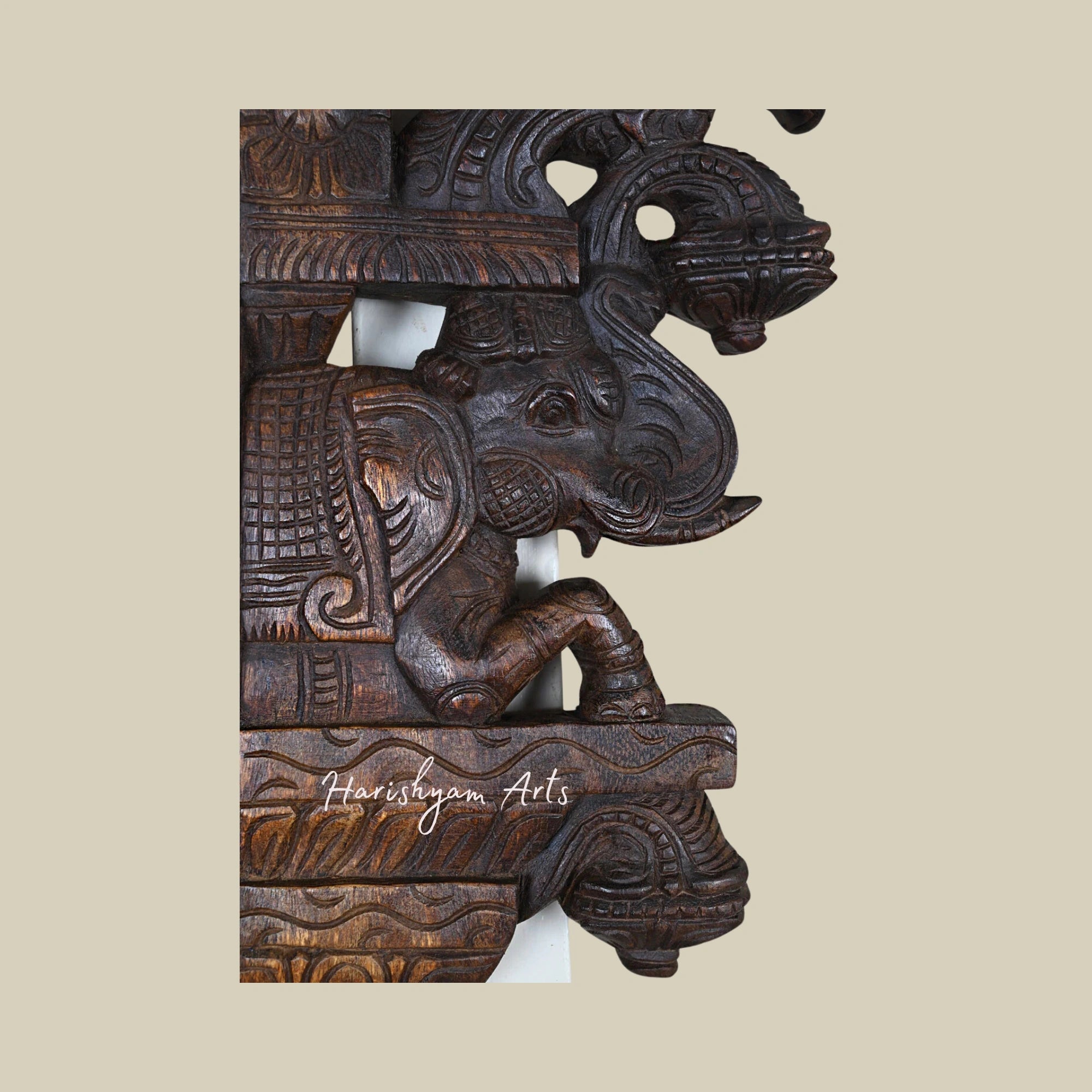 15" Handcrafted Wooden Wall Brackets with Upraised Elephants and Standing Parrots Hooks3