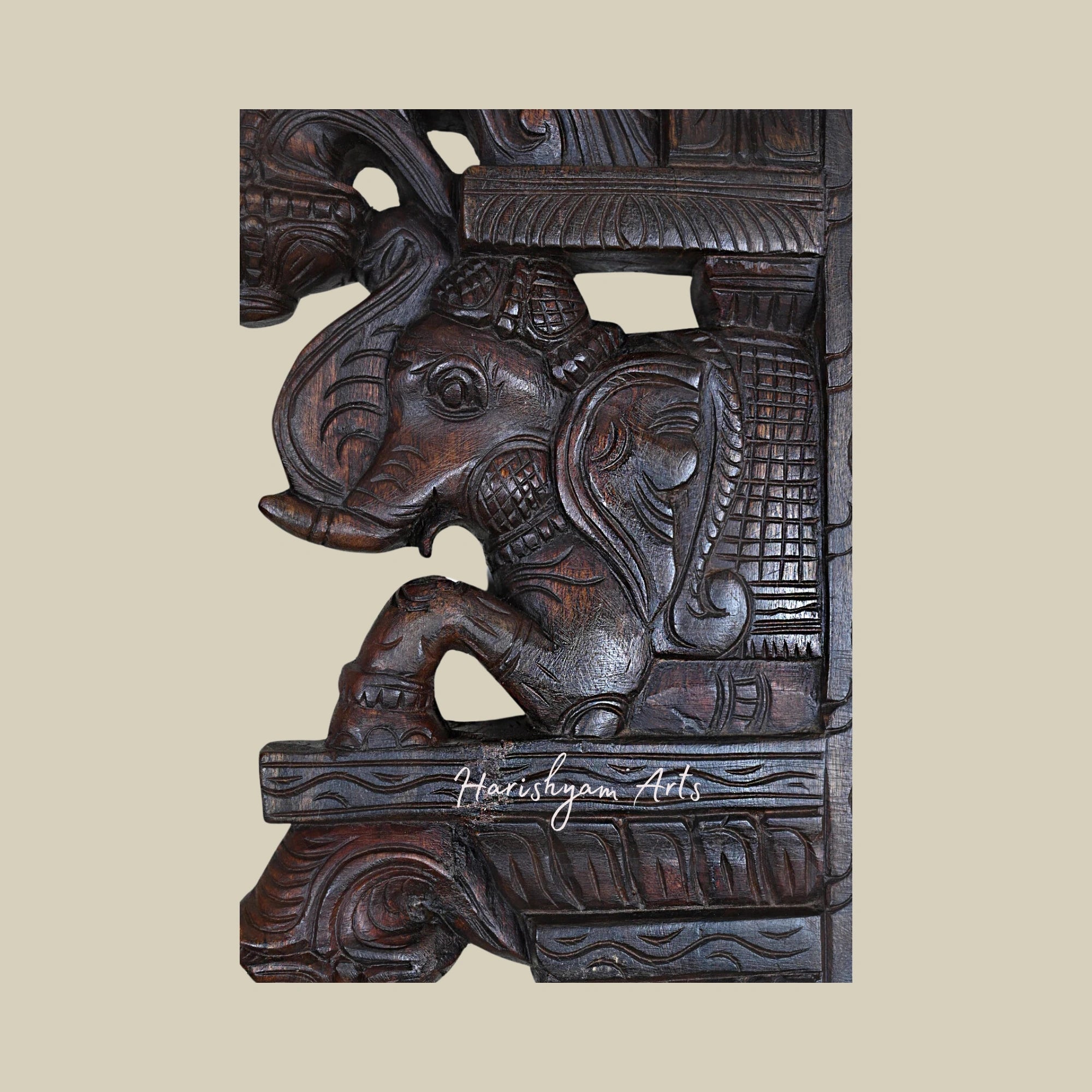 15" Handcrafted Wooden Wall Brackets with Upraised Elephants and Standing Parrots Hooks4