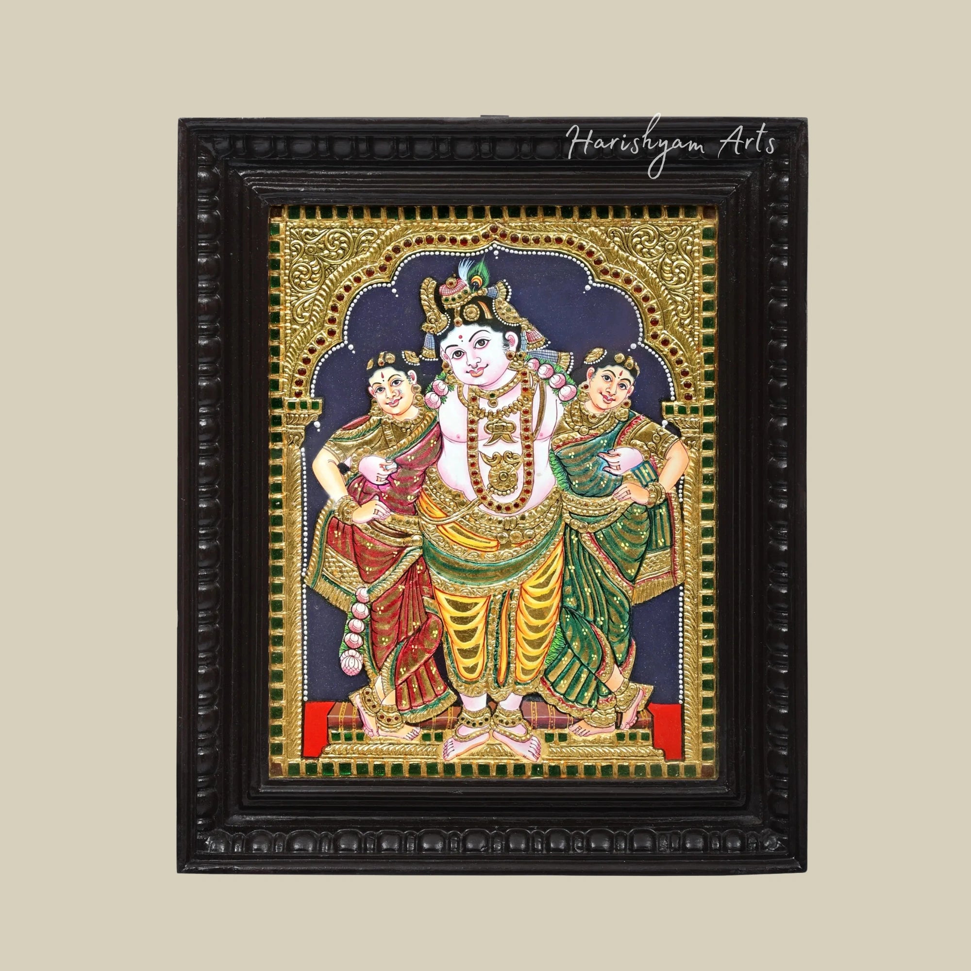 15" Krishna with His Queens Tanjore Artwork