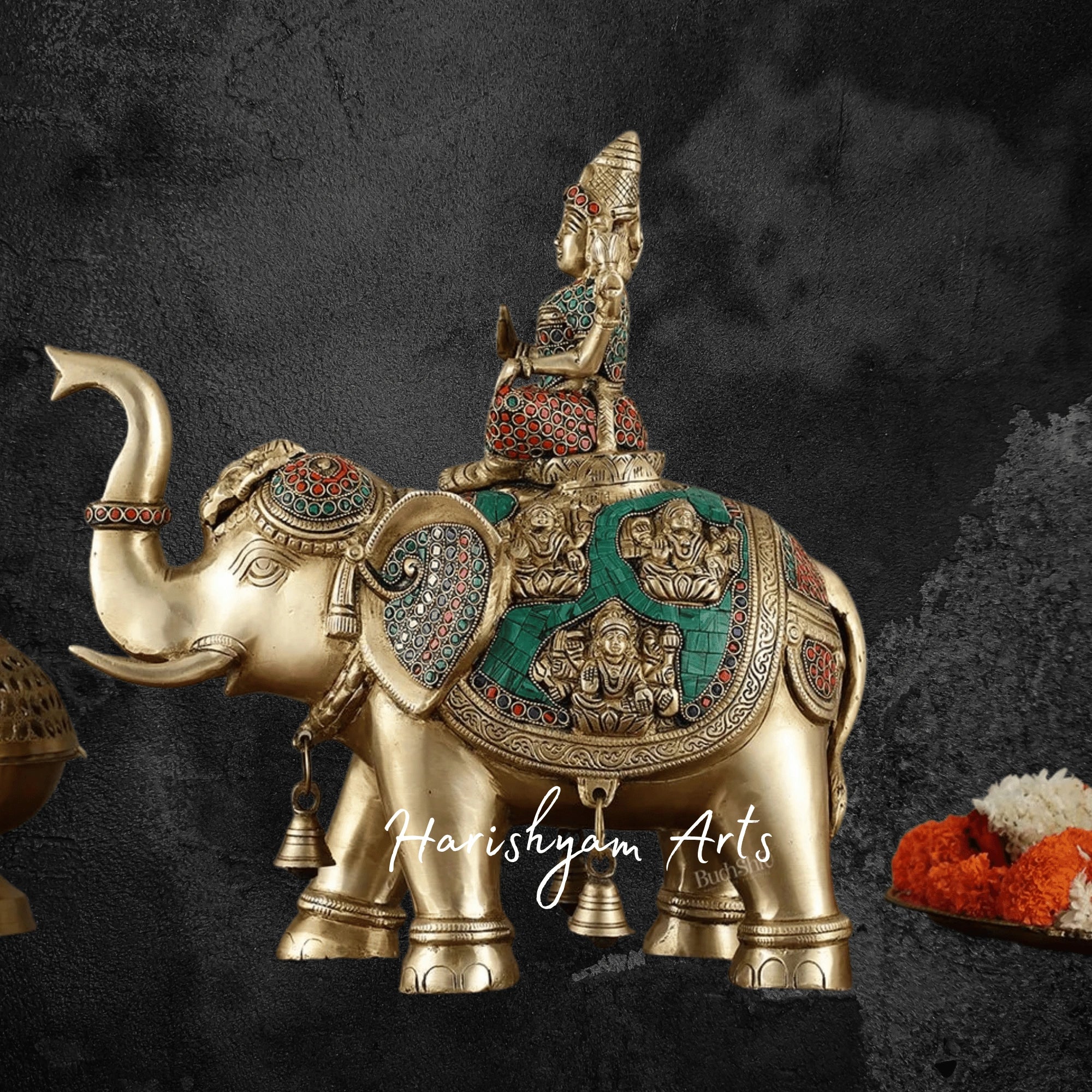 15" Large Brass Elephant with Ashtalakshmi Figurine for Auspicious Spaces