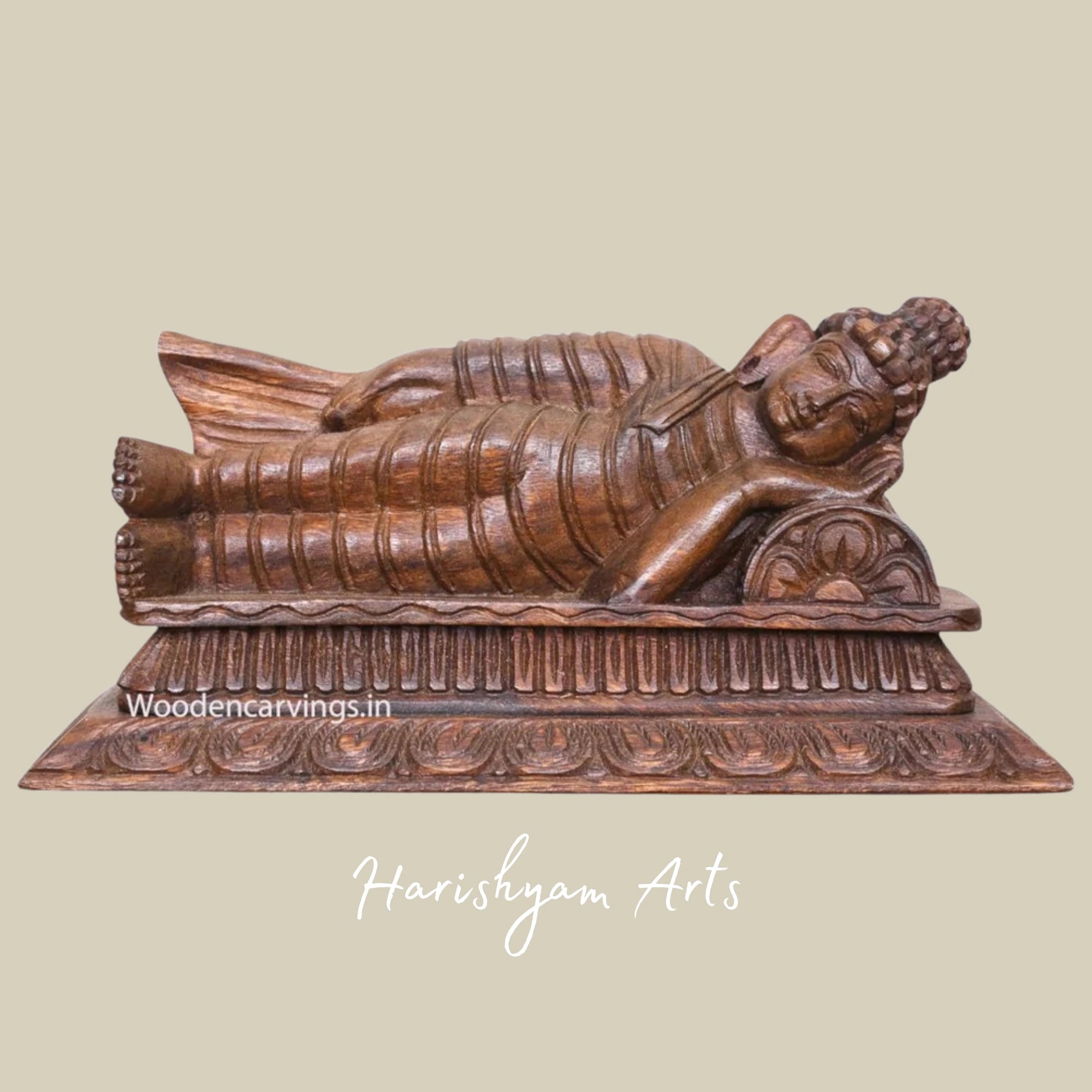 15" Reclining Wooden Buddha on Pillow Handmade Wall Hanging for Calm Interiors