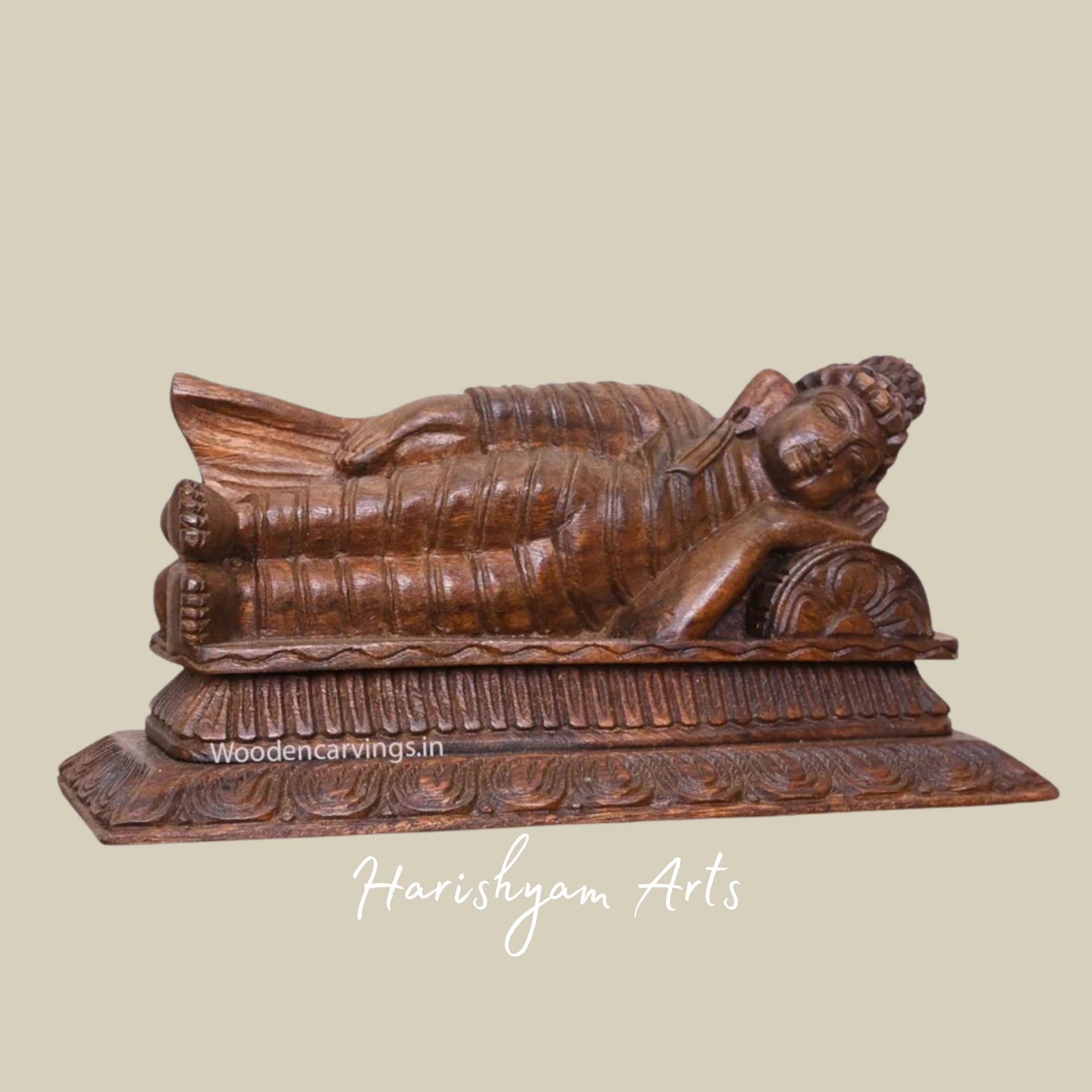 15" Reclining Wooden Buddha on Pillow Handmade Wall Hanging for Calm Interiors