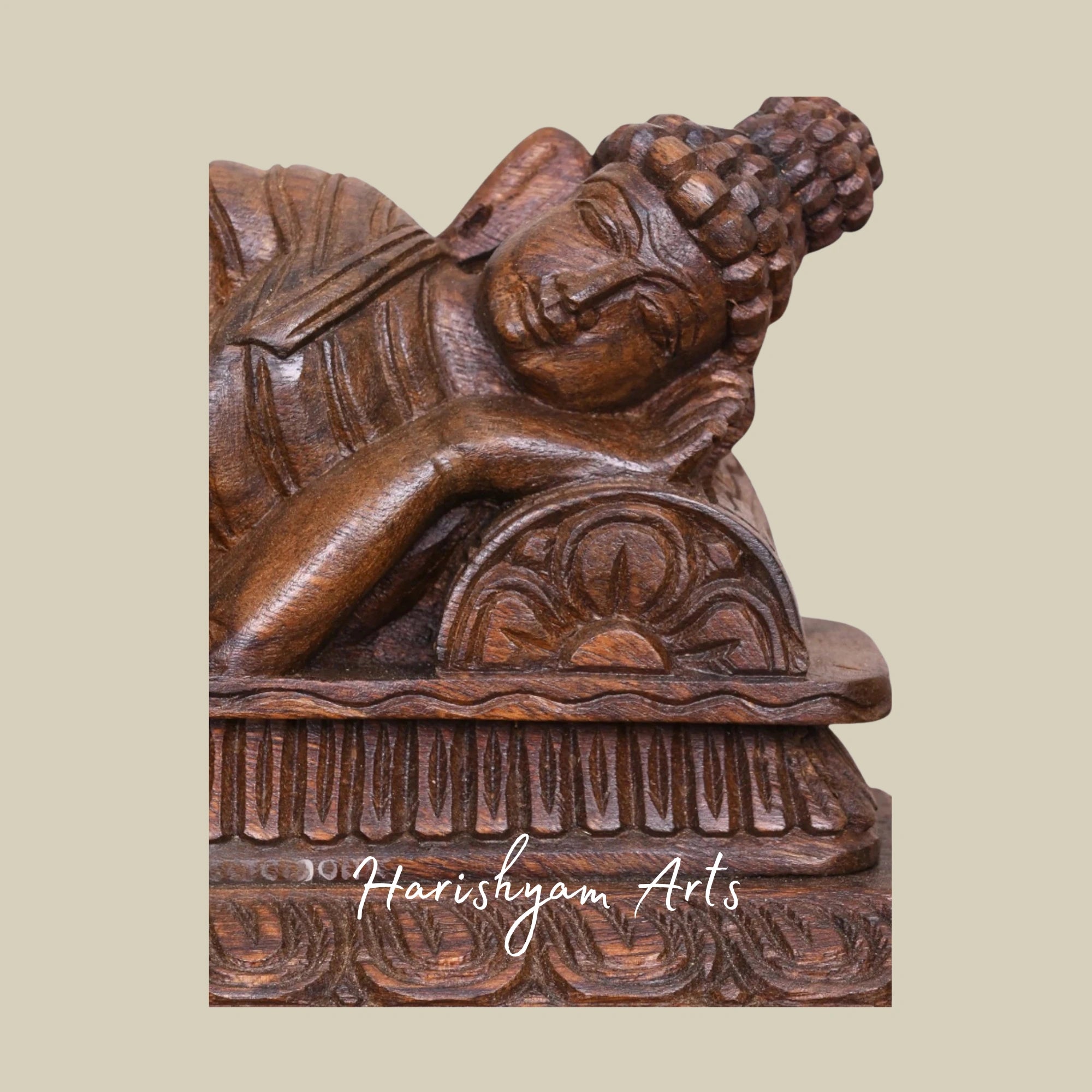 15" Reclining Wooden Buddha on Pillow Handmade Wall Hanging for Calm Interiors