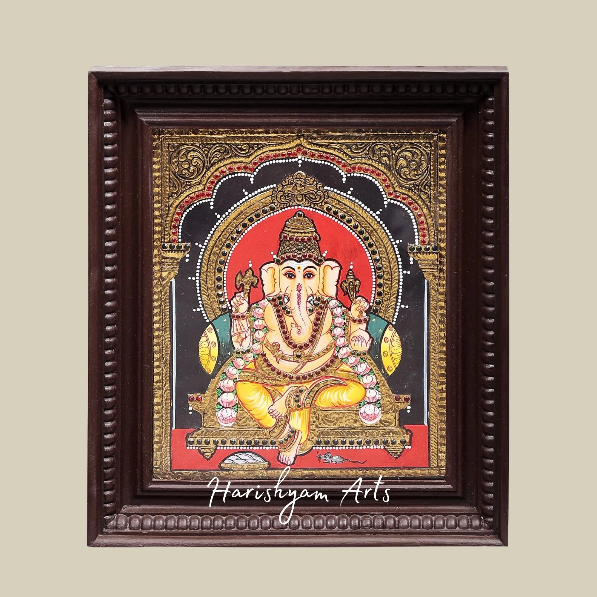15" Royal Lord Ganesha Tanjore Painting for Home Decor in Gold and Teak Frame