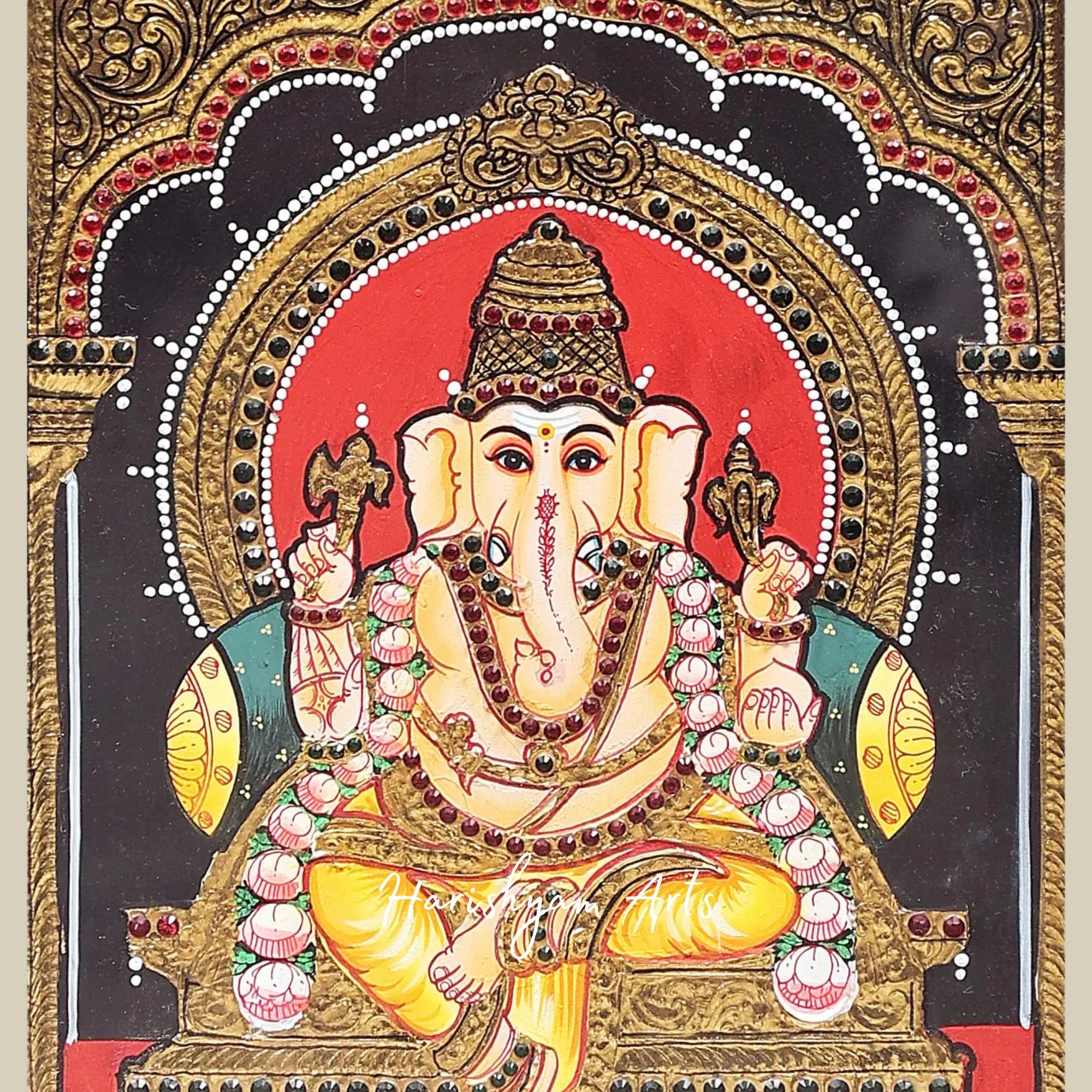 15" Royal Lord Ganesha Tanjore Painting for Home Decor in Gold and Teak Frame1